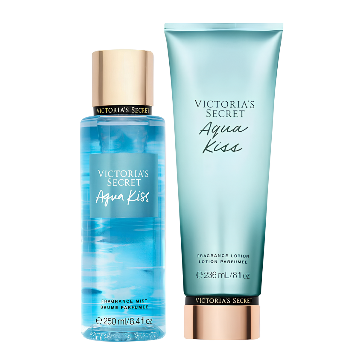 Kit de body splash e hidratante perfumado importado Aqua Kiss Victoria's Secret, disponíveis na Velyre. A imagem mostra o frasco de body splash azul translúcido com tampa dourada e o tubo de loção perfumada azul claro opaco com base dourada.
