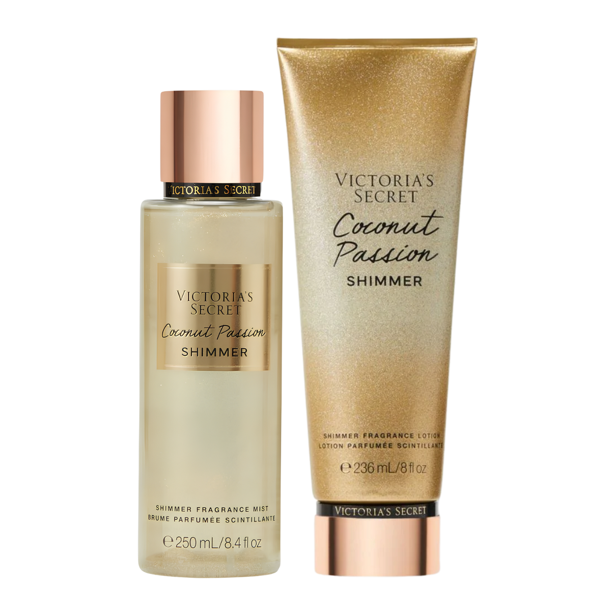 Kit de body splash e hidratante perfumado importado Coconut Passion Shimmer Victoria's Secret, disponíveis na Velyre. A imagem mostra o frasco de body splash dourado cintilante com tampa dourada e o tubo de loção perfumada dourada com brilho.