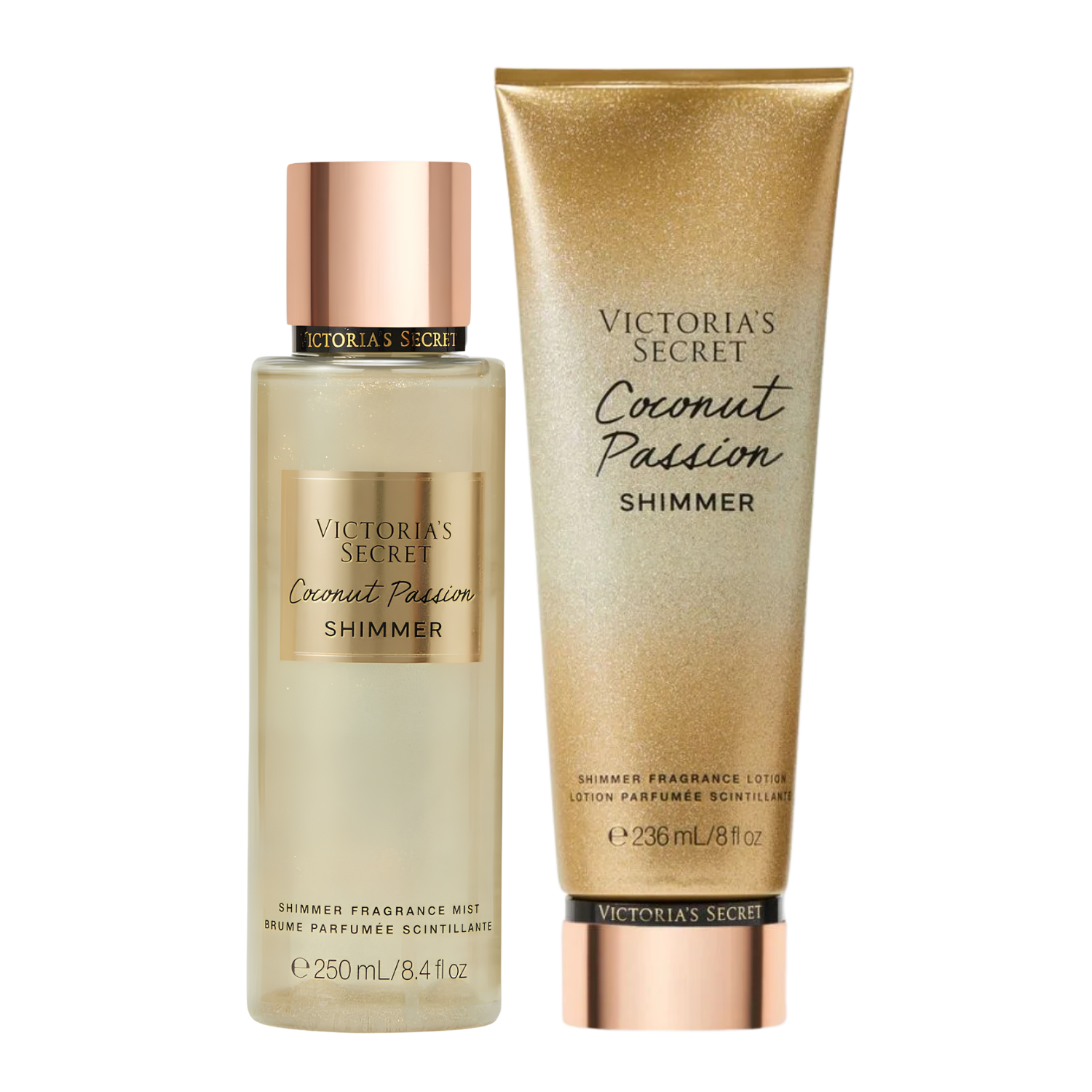 Kit de body splash e hidratante perfumado importado Coconut Passion Shimmer Victoria's Secret, disponíveis na Velyre. A imagem mostra o frasco de body splash dourado cintilante com tampa dourada e o tubo de loção perfumada dourada com brilho.
