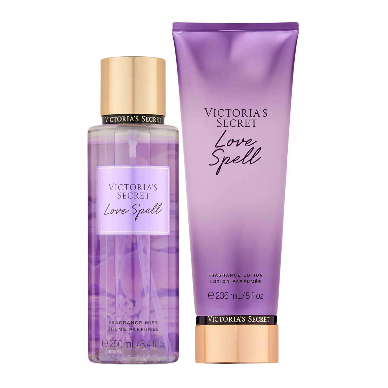 Kit de body splash e hidratante perfumado importado Love Spell Victoria's Secret, disponíveis na Velyre. A imagem mostra o frasco de body splash lilás translúcido com tampa dourada e o tubo de loção perfumada lilás opaco com base dourada.