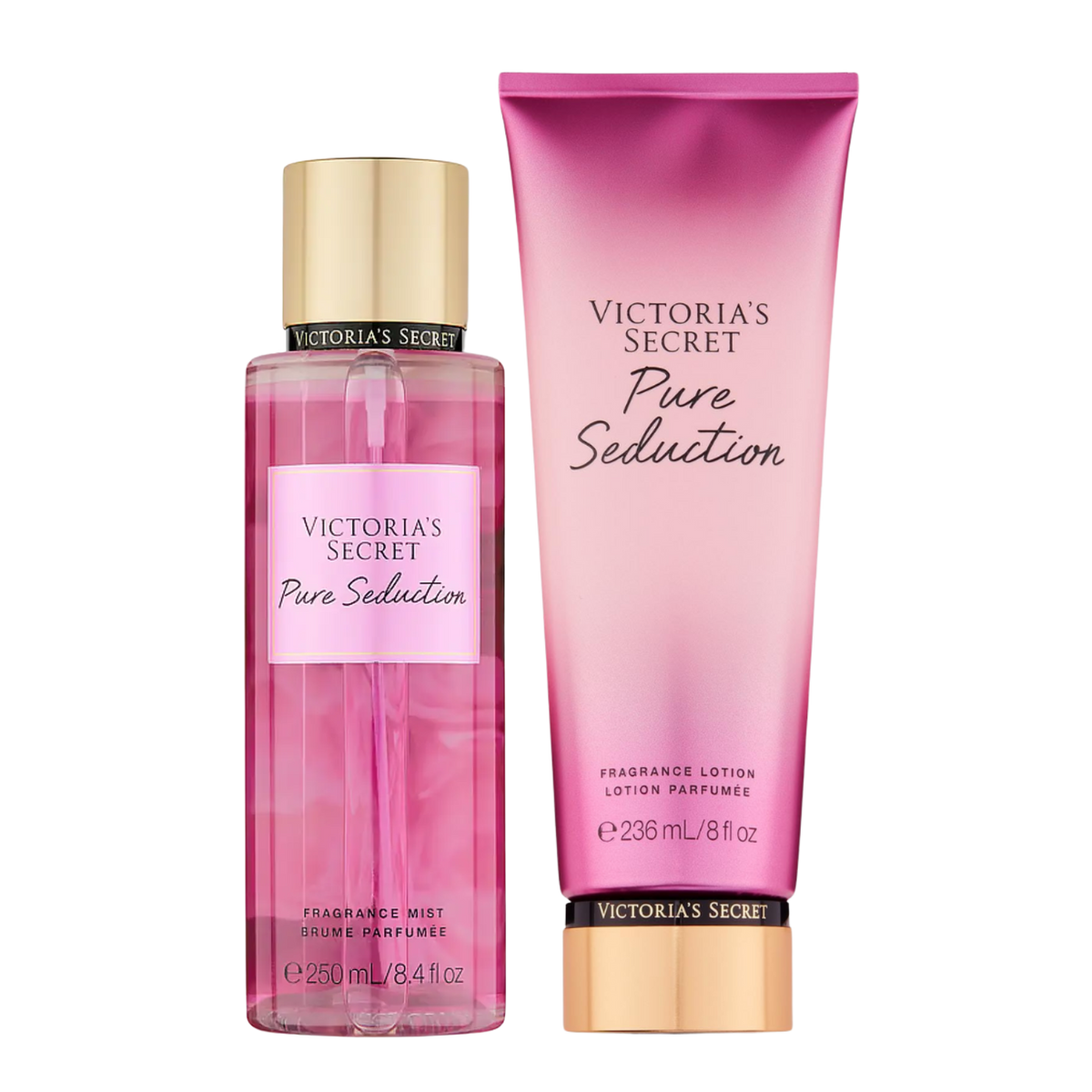 Kit de body splash e hidratante perfumado importado Pure Seduction Victoria's Secret, disponíveis na Velyre. A imagem mostra o frasco de body splash rosa magenta translúcido com tampa dourada e o tubo de loção perfumada rosa opaco com base dourada.