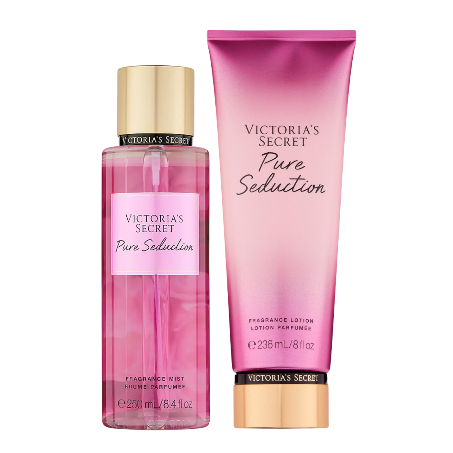 Kit de body splash e hidratante perfumado importado Pure Seduction Victoria's Secret, disponíveis na Velyre. A imagem mostra o frasco de body splash rosa magenta translúcido com tampa dourada e o tubo de loção perfumada rosa opaco com base dourada.
