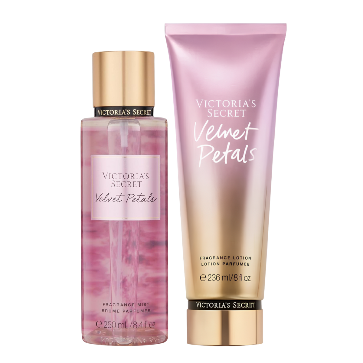 Kit de body splash e hidratante perfumado importado Velvet Petals Victoria's Secret, disponíveis na Velyre. A imagem mostra o frasco de body splash rosa translúcido com tampa dourada e o tubo de loção perfumada rosa opaca com detalhes dourados.