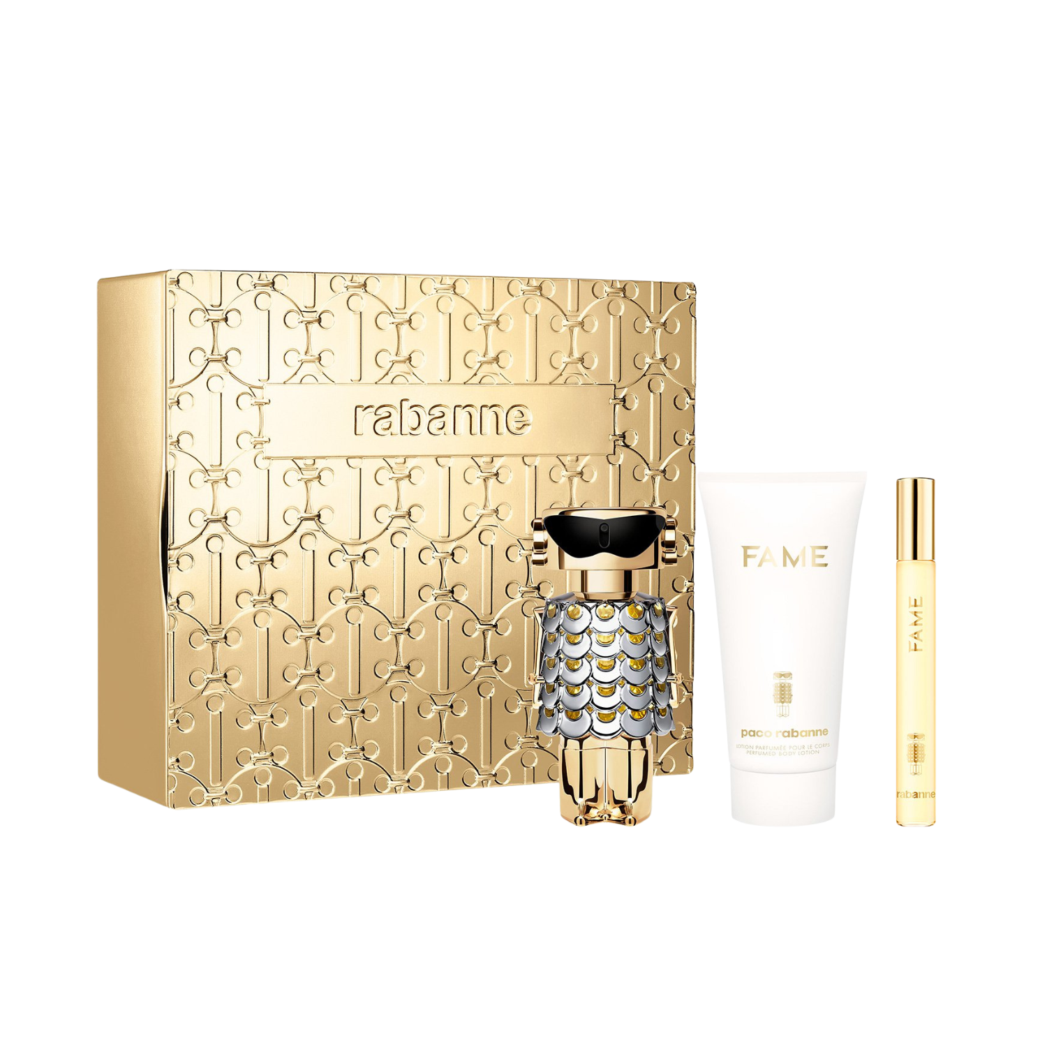 Kit feminino importado Fame Rabanne Eau de Parfum, disponível na Velyre, contendo o perfume de 50ml com frasco em formato de robô dourado, uma caneta de 10ml com design similar e um hidratante de 75ml em embalagem branca, ao lado da caixa dourada com padrões em relevo.