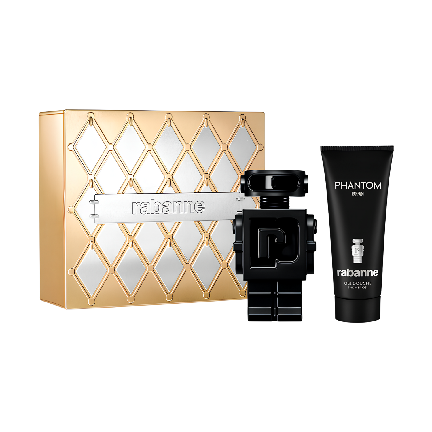 Kit masculino importado Phantom Rabanne Parfum, disponível na Velyre, contendo o perfume de 100ml com frasco em formato de robô preto e cromado, e um gel de banho Phantom de 100ml em embalagem preta, ao lado da caixa dourada e branca com o logo Rabanne.