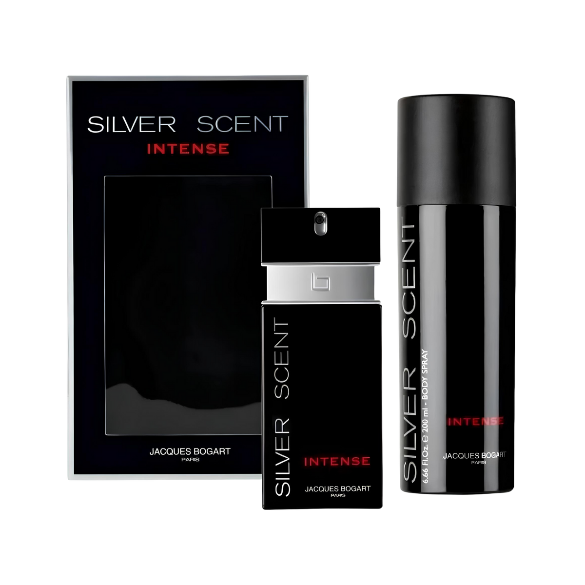 Kit importado masculino Silver Scent Intense Jacques Bogart, disponível na Velyre, contendo o perfume Eau de Toilette de 100ml em frasco preto retangular e o body spray de 200ml em lata preta, ambos com a marca em prata.