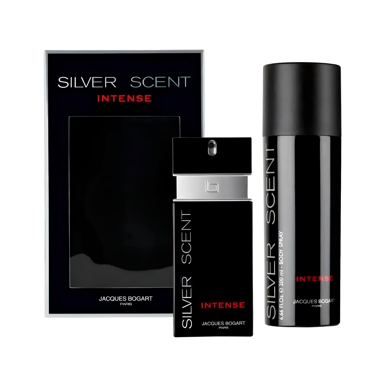 Kit importado masculino Silver Scent Intense Jacques Bogart, disponível na Velyre, contendo o perfume Eau de Toilette de 100ml em frasco preto retangular e o body spray de 200ml em lata preta, ambos com a marca em prata.