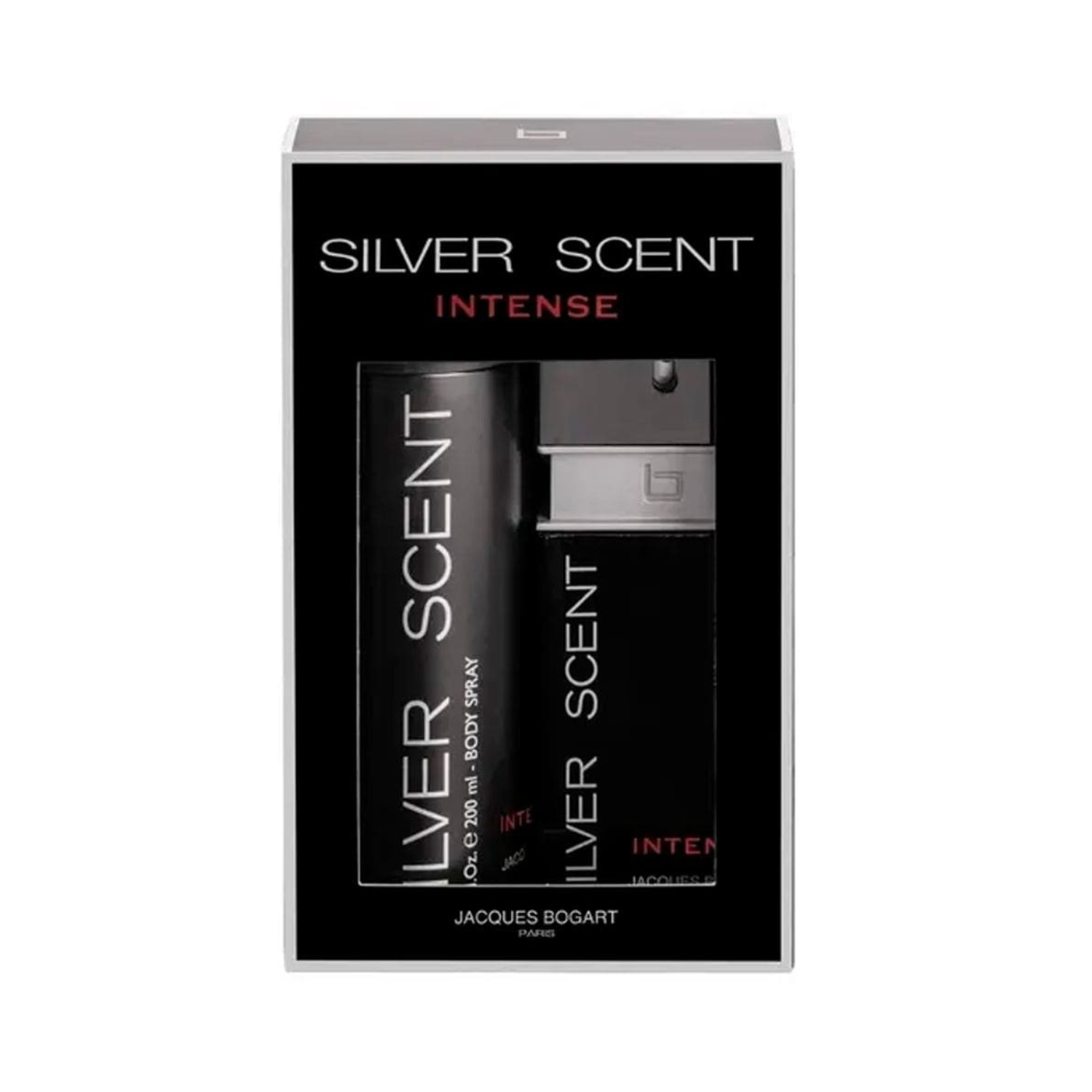 Embalagem do kit importado masculino Silver Scent Intense Jacques Bogart, disponível na Velyre, com os produtos visíveis dentro da caixa preta e cinza, pronto para presente.