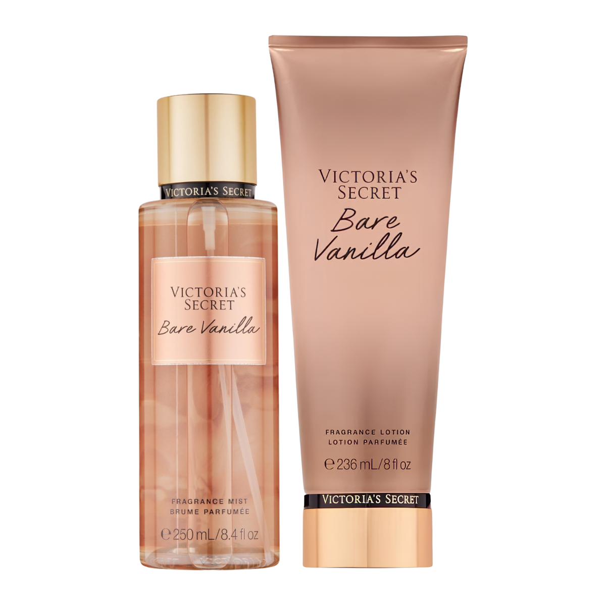 Kit de body splash e hidratante perfumado importado Bare Vanilla Victoria's Secret, disponíveis na Velyre. A imagem mostra o frasco de body splash nude-rosado translúcido com tampa dourada e o tubo de loção perfumada em tom nude opaco com base dourada.