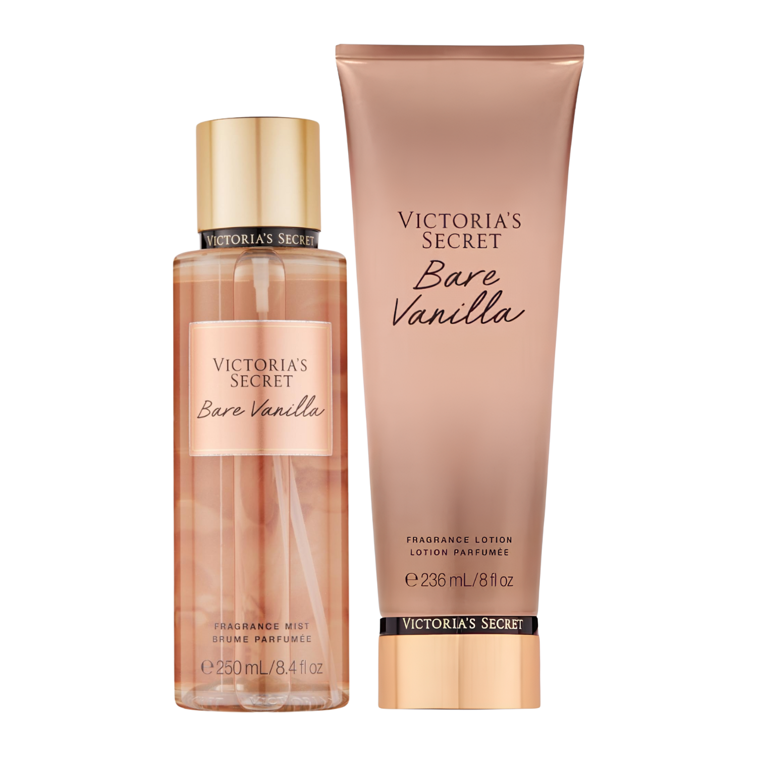 Kit de body splash e hidratante perfumado importado Bare Vanilla Victoria's Secret, disponíveis na Velyre. A imagem mostra o frasco de body splash nude-rosado translúcido com tampa dourada e o tubo de loção perfumada em tom nude opaco com base dourada.