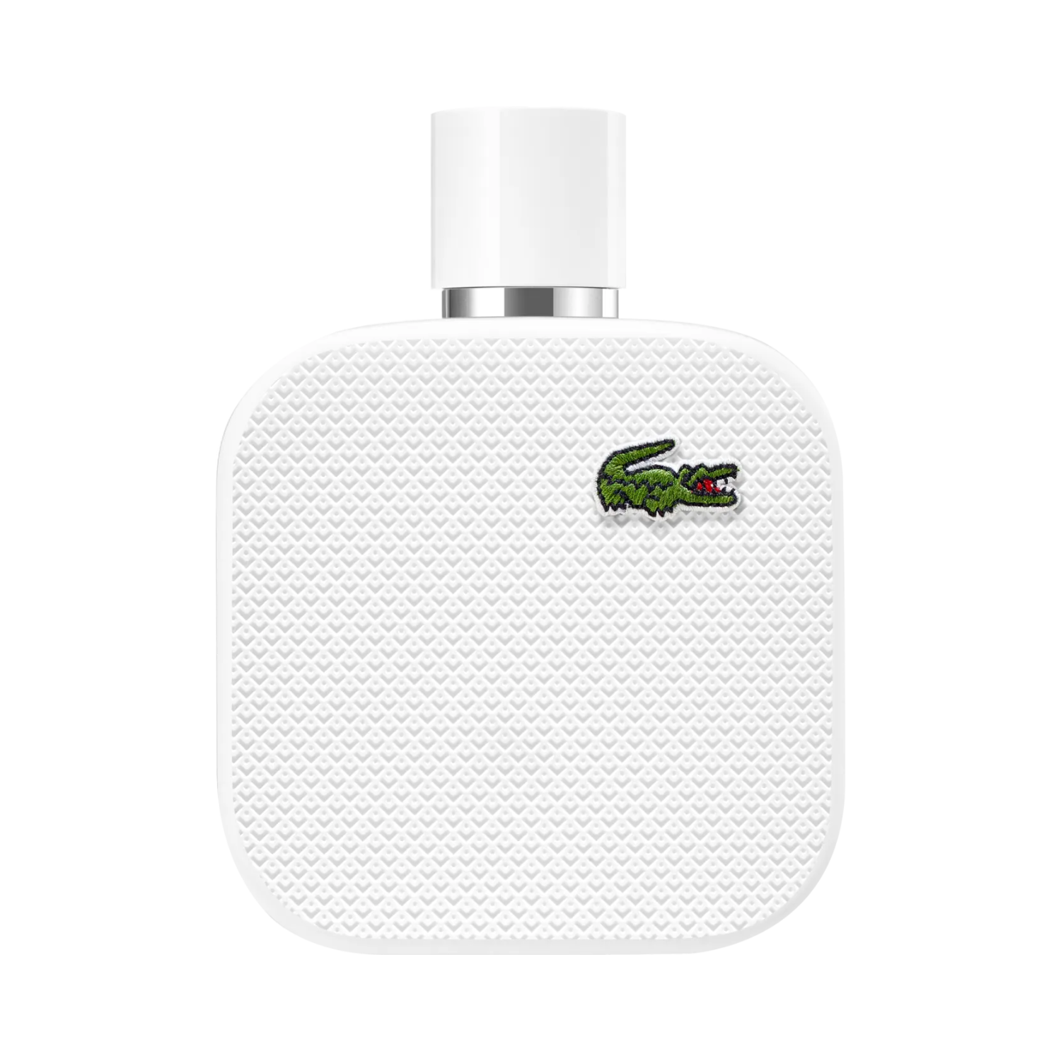 Frasco do perfume masculino L.12.12 Blanc Lacoste Eau de Toilette com design quadrado de cantos arredondados em branco com textura sutil, apresentando o logo de crocodilo verde da Lacoste. A tampa é cilíndrica e branca, com uma base prateada.