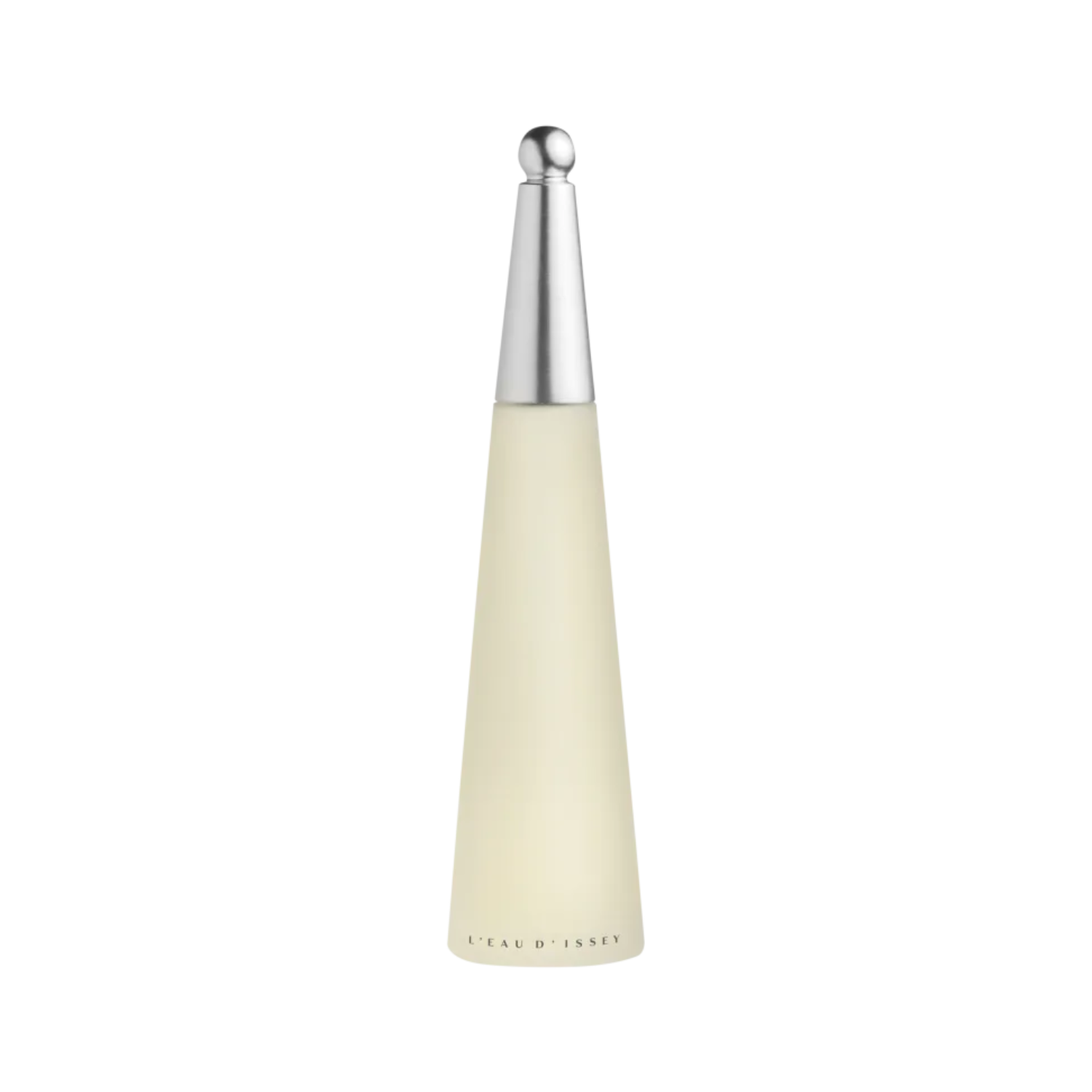 Frasco do perfume feminino L'Eau d'Issey Issey Miyake Eau de Toilette com design icônico em forma de cone translúcido com líquido incolor ou levemente amarelado, topo prateado e uma esfera prateada na ponta da tampa. O nome "L'EAU D'ISSEY" está gravado na base do frasco.
