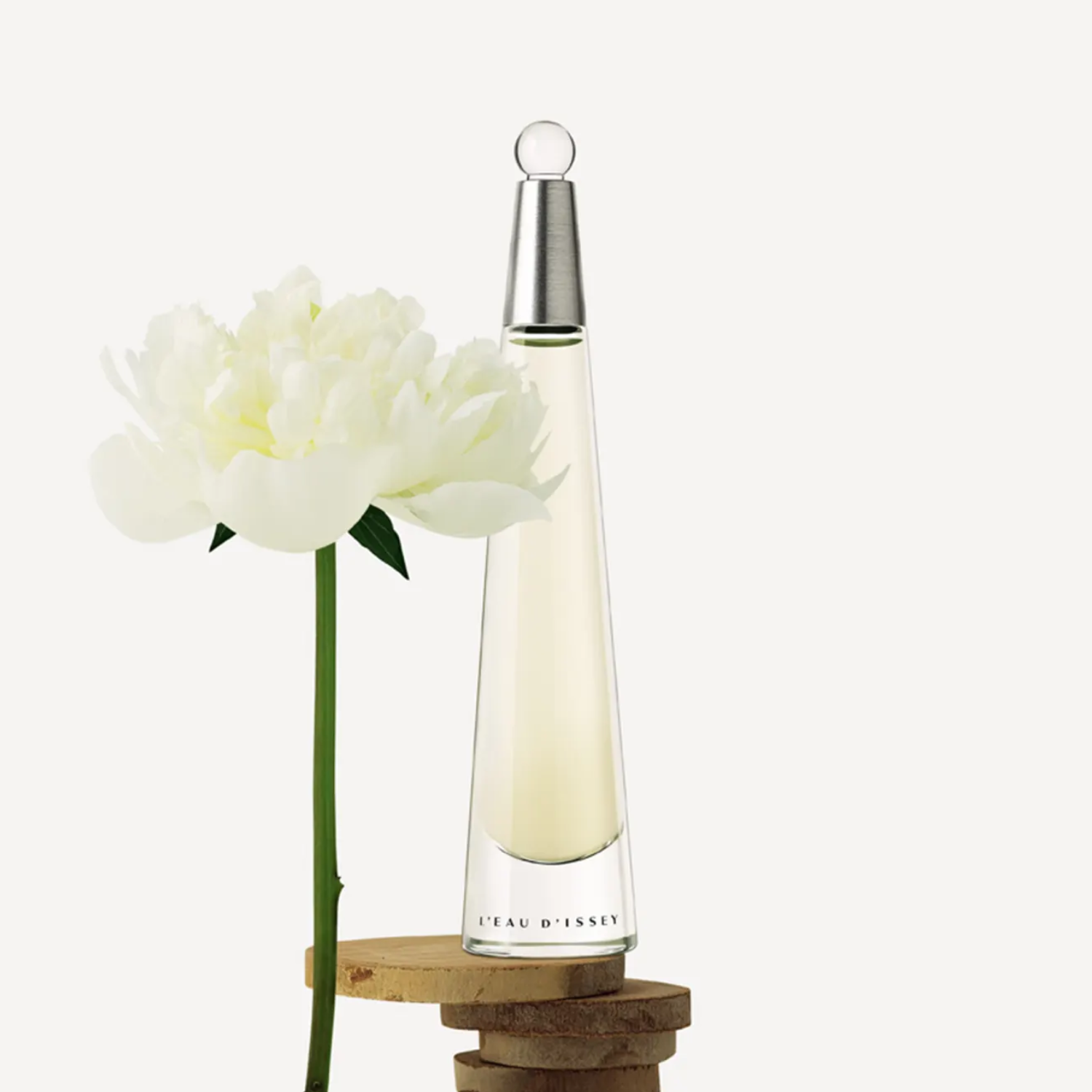 Perfume feminino L'Eau d'Issey Issey Miyake em destaque sobre uma pilha de discos de madeira, ao lado de uma exuberante peônia branca em flor, transmitindo uma fragrância floral fresca e pura.