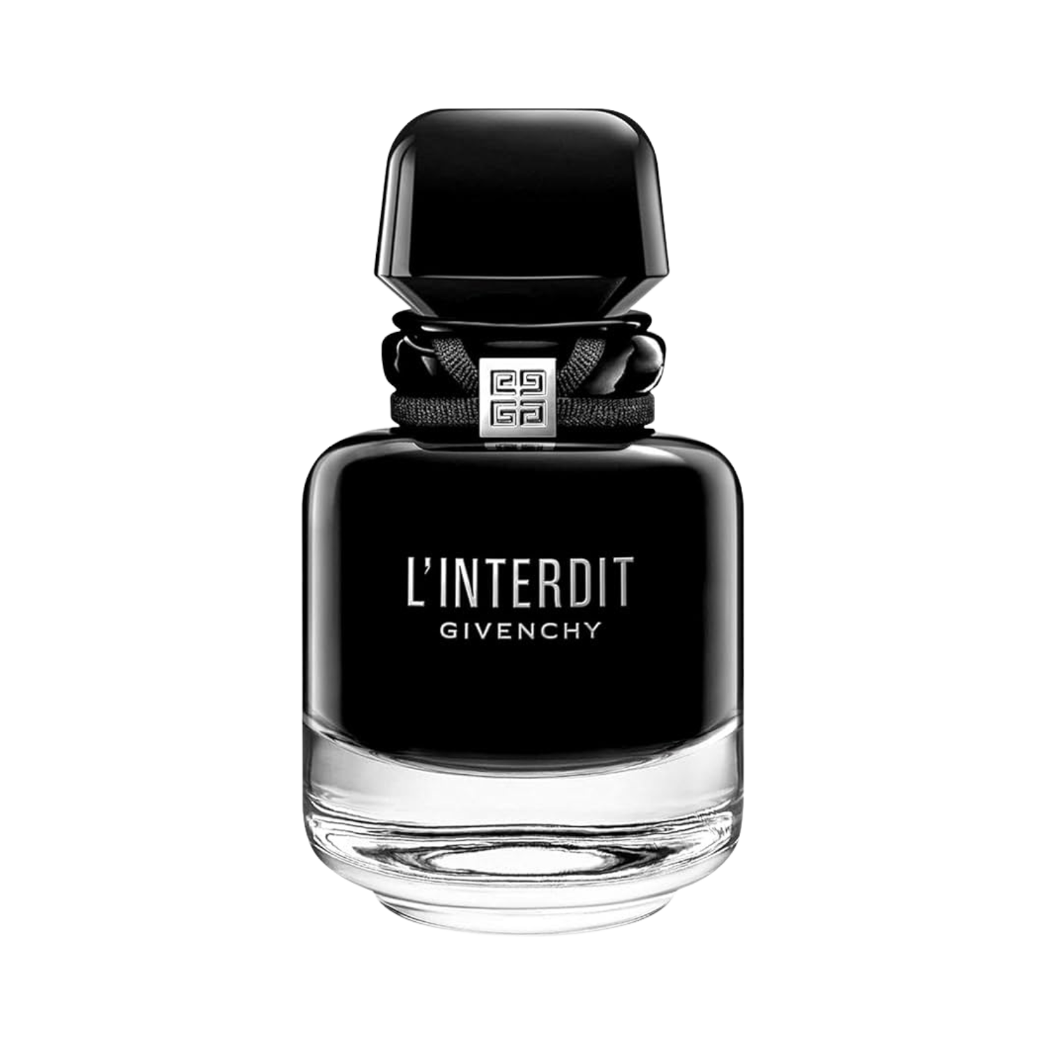 Frasco preto sofisticado do perfume L’Interdit Absolu da Givenchy 35ml, com acabamento brilhante e detalhes em prata sobre fundo transparente.