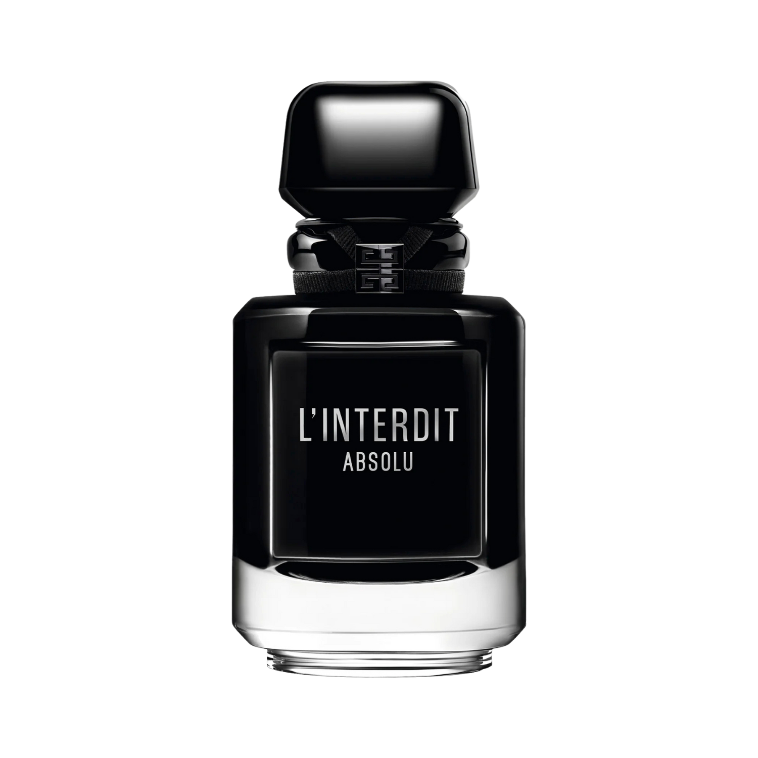 Frasco preto sofisticado do perfume L’Interdit Absolu da Givenchy 80ml, com acabamento brilhante e detalhes em prata sobre fundo transparente.
