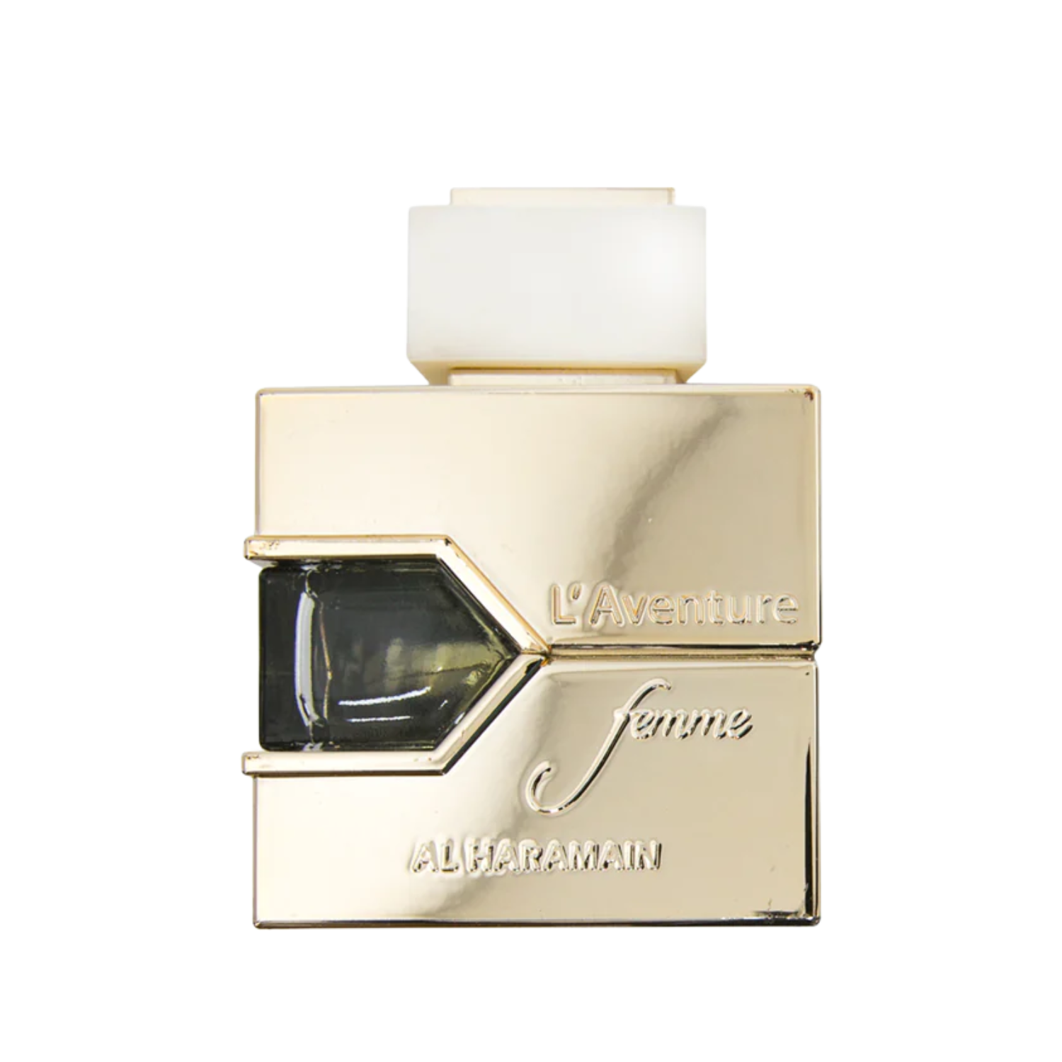 Frasco do perfume árabe feminino L'aventure Femme Al Haramain Eau de Parfum, disponível na Velyre, com design retangular robusto em metal dourado brilhante, detalhe hexagonal em relevo e tipografia elegante; tampa branca opaca e retangular, compondo visual luxuoso e moderno.