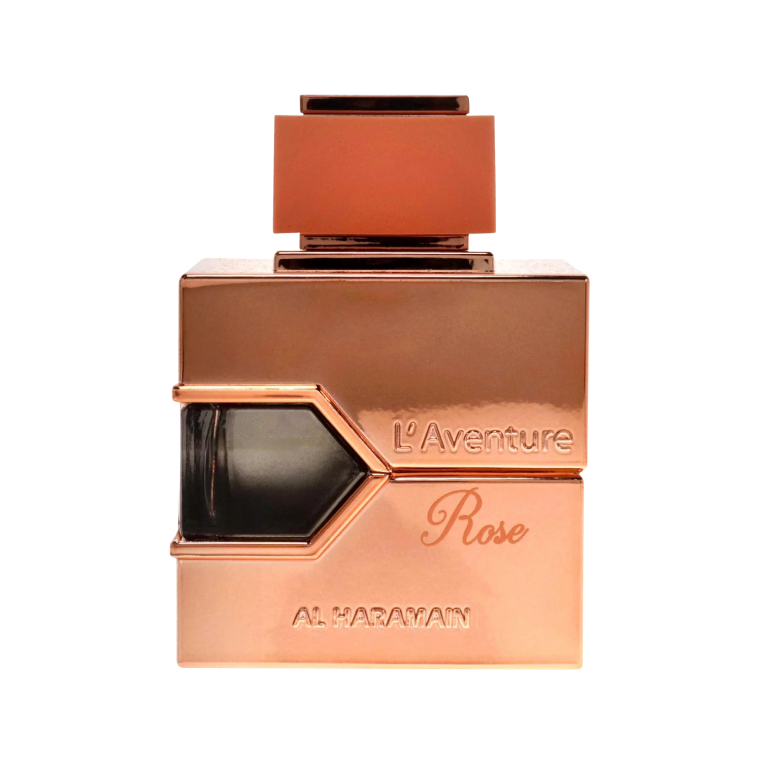 Frasco do perfume árabe feminino L'aventure Rose Al Haramain Eau de Parfum, disponível na Velyre, com design retangular em metal rosé brilhante, detalhe hexagonal escuro em relevo e gravações “L'Aventure” e “Rose” em itálico elegante; tampa pêssego opaca e retangular, compondo um visual sofisticado e moderno.