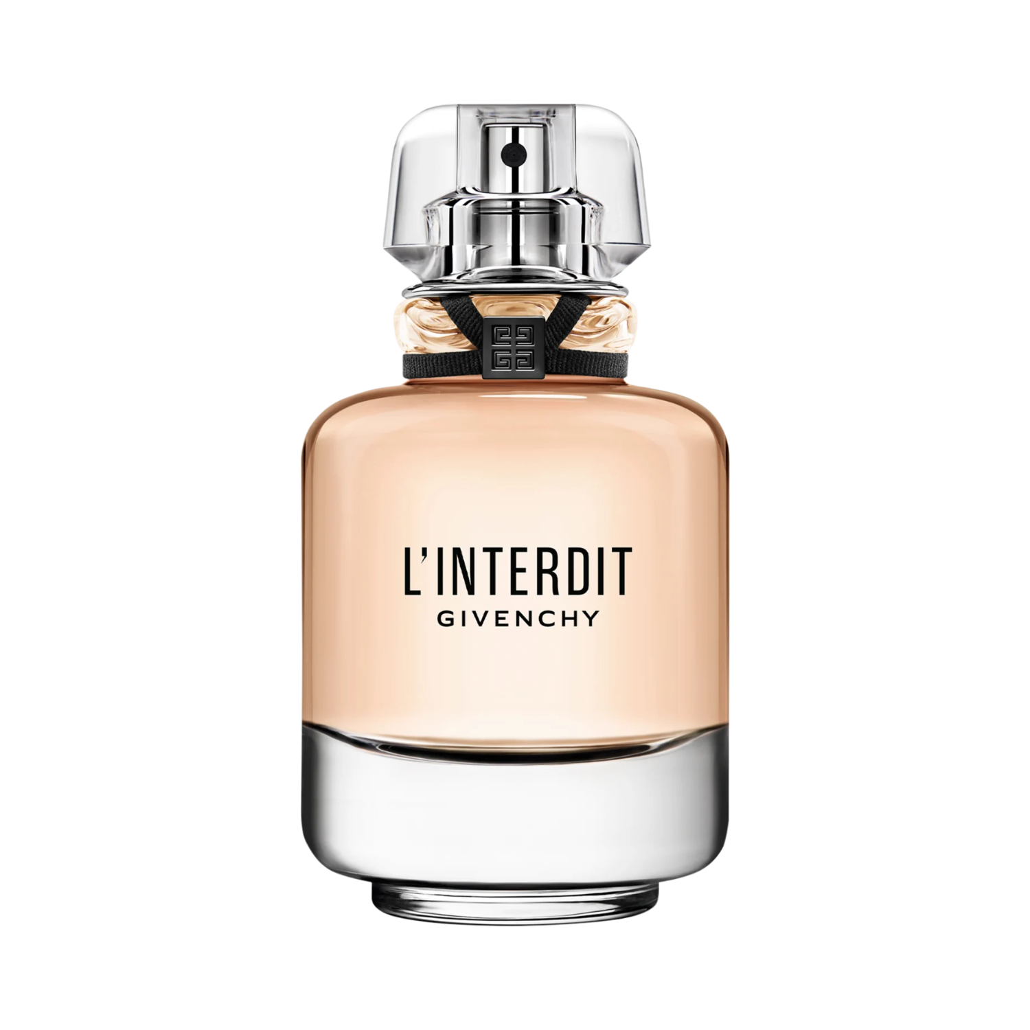 Frasco do perfume L’Interdit Givenchy 35ml em fundo branco, com líquido rosado e tampa transparente.