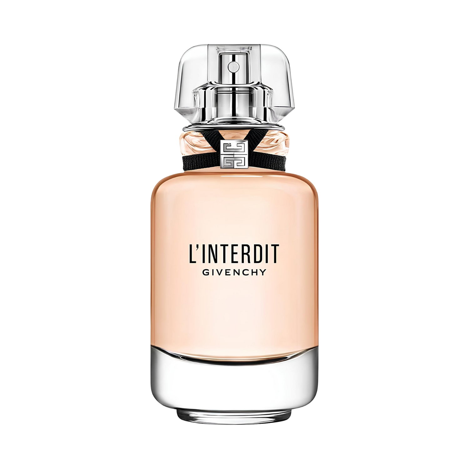 Frasco do perfume L’Interdit Givenchy 50ml em fundo branco, com líquido rosado e tampa transparente.