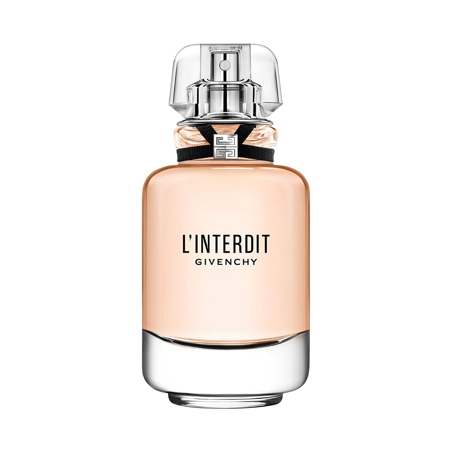 Frasco do perfume L’Interdit Givenchy 80ml em fundo branco, com líquido rosado e tampa transparente.