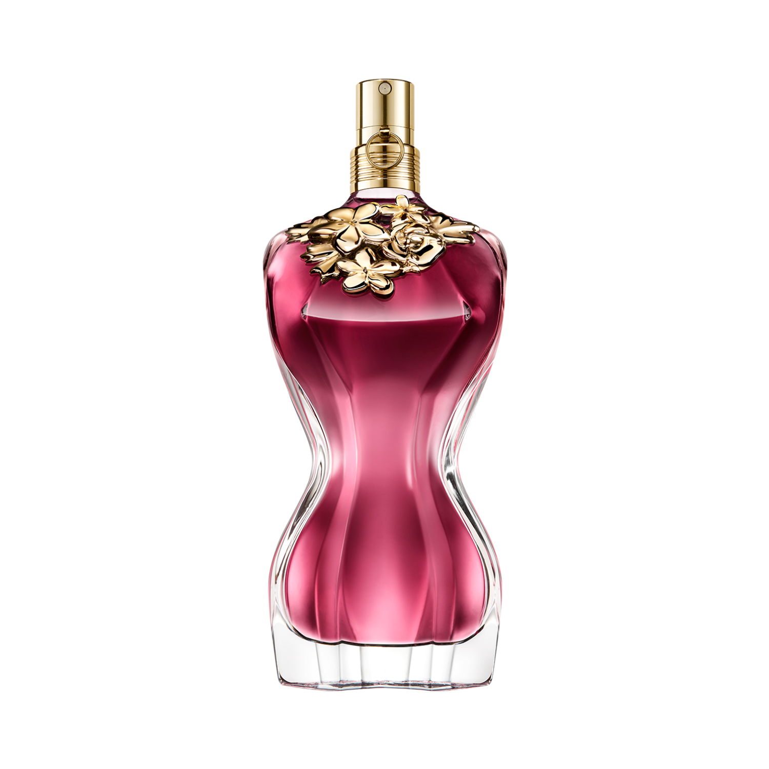 Frasco do perfume feminino La Belle Jean Paul Gaultier Eau de Parfum com design de torso feminino em vidro transparente degradê para rosa-avermelhado escuro, adornado com um colar dourado em forma de folhas e rosas. A tampa é dourada, cilíndrica e brilhante.