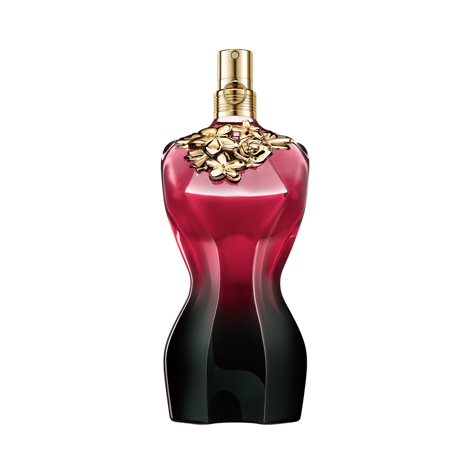Frasco do perfume feminino La Belle Le Parfum Jean Paul Gaultier Eau de Parfum Intense com design de torso feminino em vidro preto degradê para vermelho, com um colar dourado em forma de folhas e flores em relevo. A tampa é dourada e cilíndrica.
