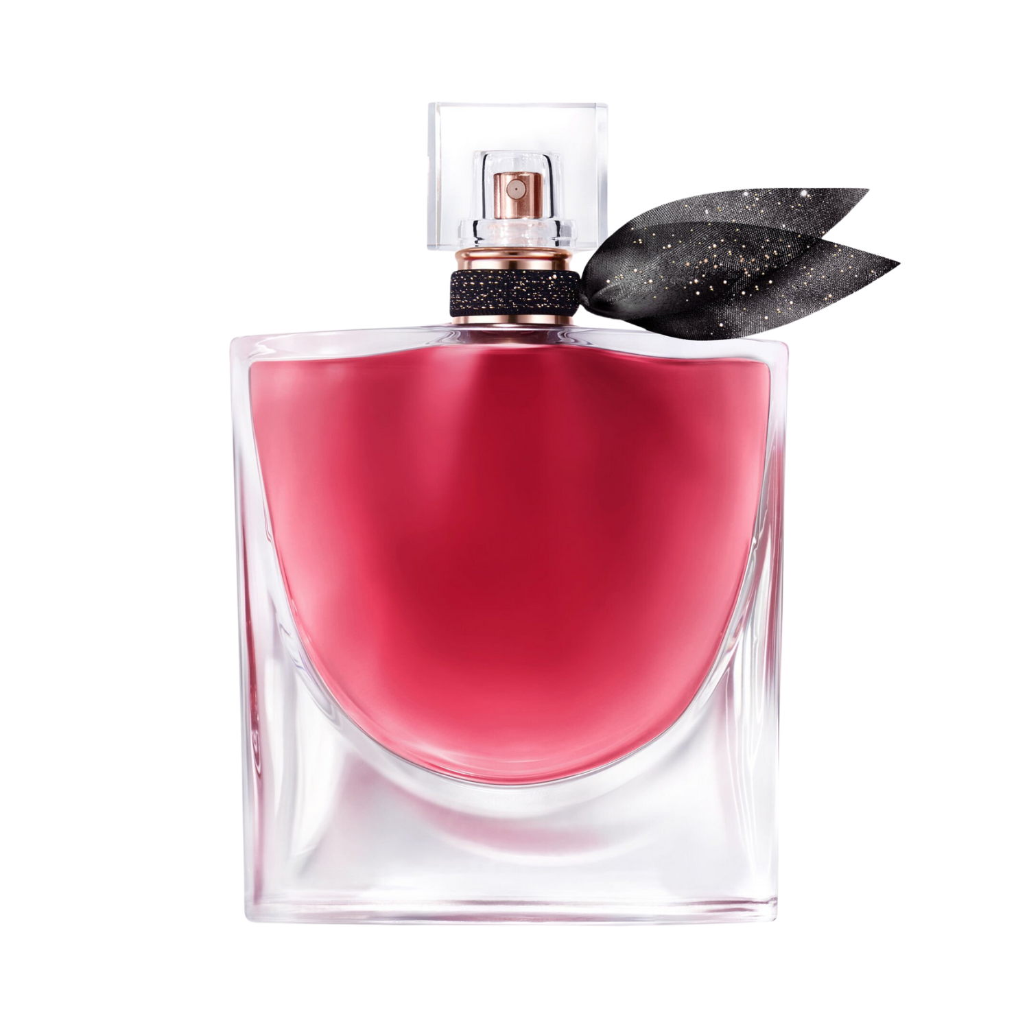 Frasco do perfume feminino La Vie Est Belle L'Elixir Lancôme Eau de Parfum 100ml com design curvo e líquido vermelho rubi. Possui um laço cinza brilhante no gargalo, uma tampa de cristal transparente e uma base de vidro transparente que reflete a cor intensa da fragrância.