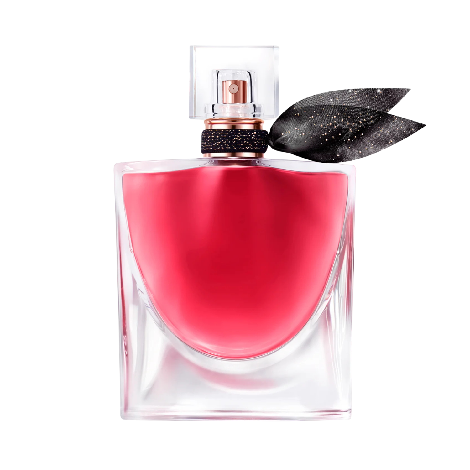 Frasco do perfume feminino La Vie Est Belle L'Elixir Lancôme Eau de Parfum 30ml com design curvo e líquido vermelho rubi. Possui um laço cinza brilhante no gargalo, uma tampa de cristal transparente e uma base de vidro transparente que reflete a cor intensa da fragrância.
