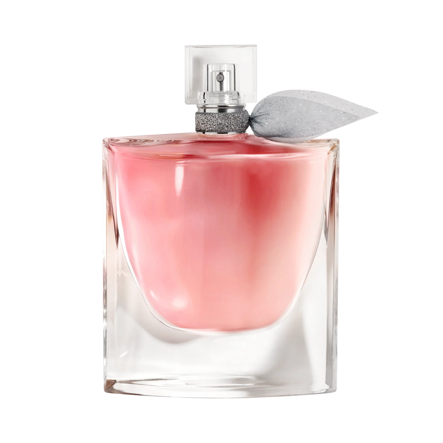 Frasco elegante do perfume La Vie Est Belle 100ml com líquido rosa e fita prateada no gargalo, em fundo transparente.