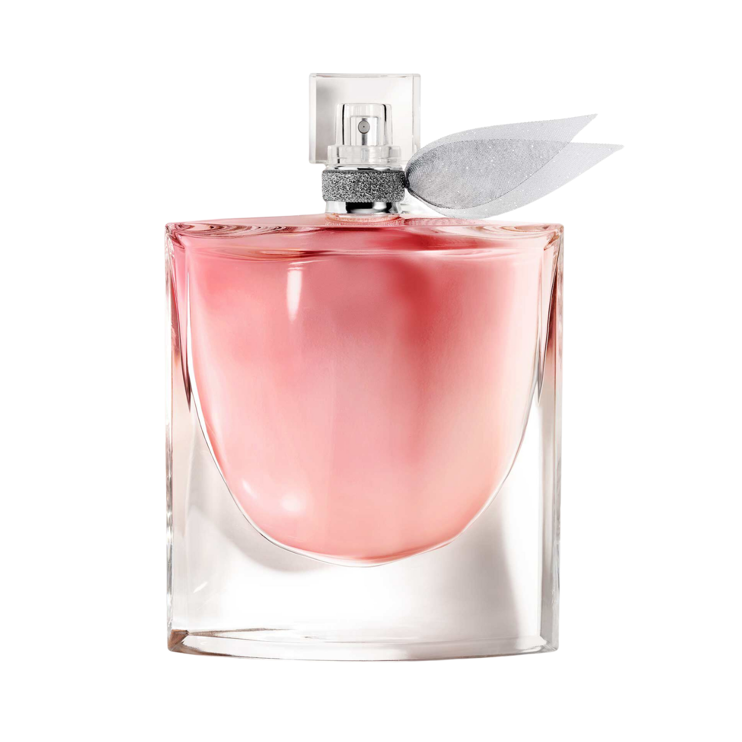 Frasco elegante do perfume La Vie Est Belle 150ml com líquido rosa e fita prateada no gargalo, em fundo transparente.