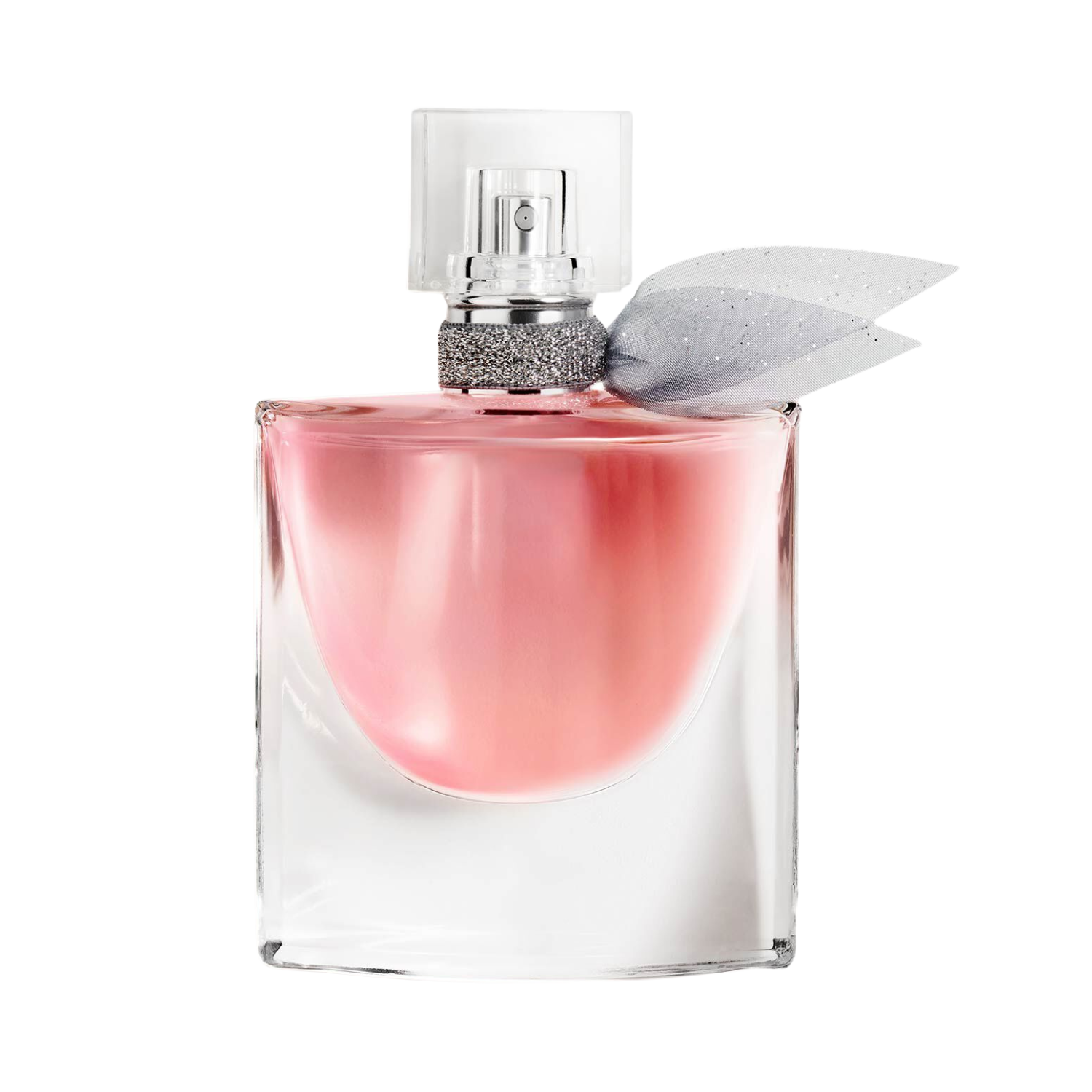 Frasco elegante do perfume La Vie Est Belle 30ml com líquido rosa e fita prateada no gargalo, em fundo transparente.