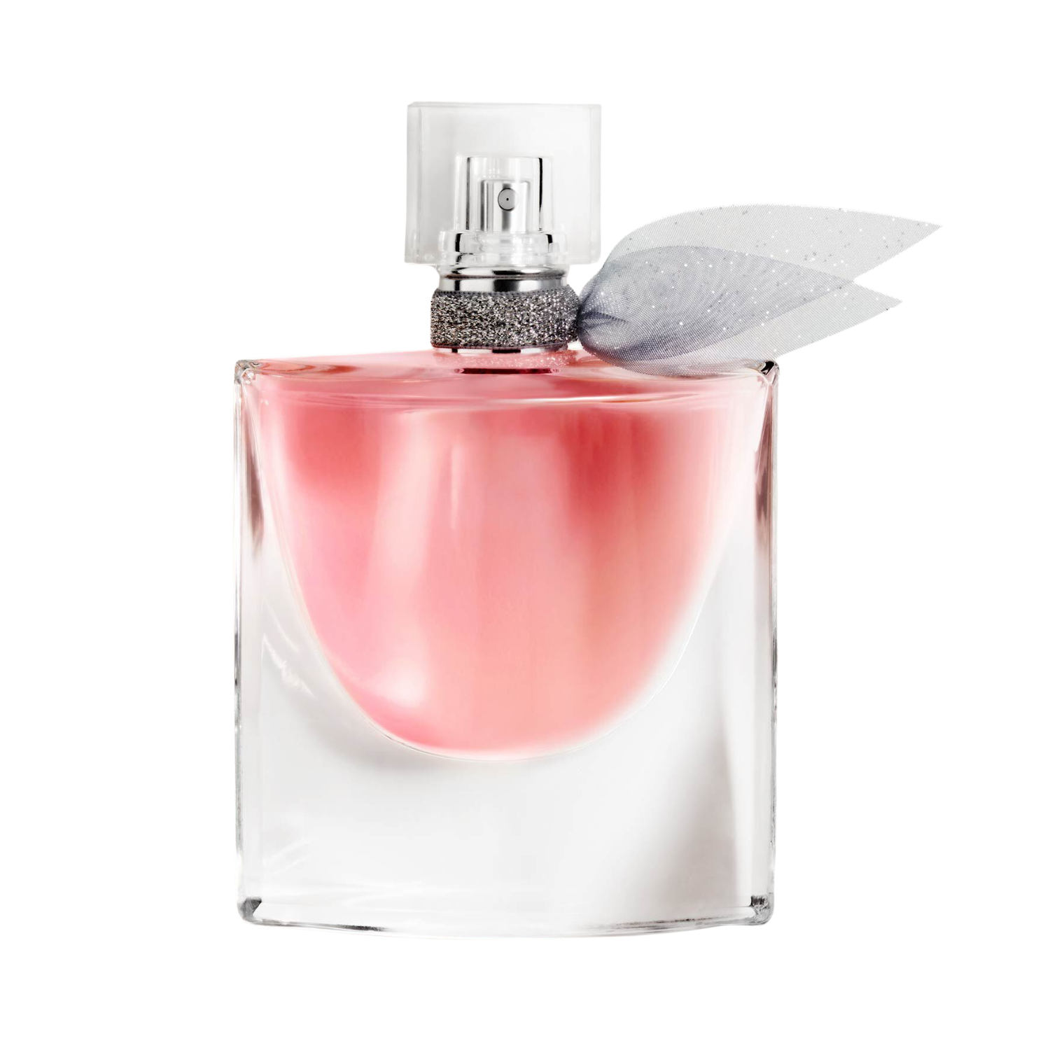 Frasco elegante do perfume La Vie Est Belle 50ml com líquido rosa e fita prateada no gargalo, em fundo transparente.