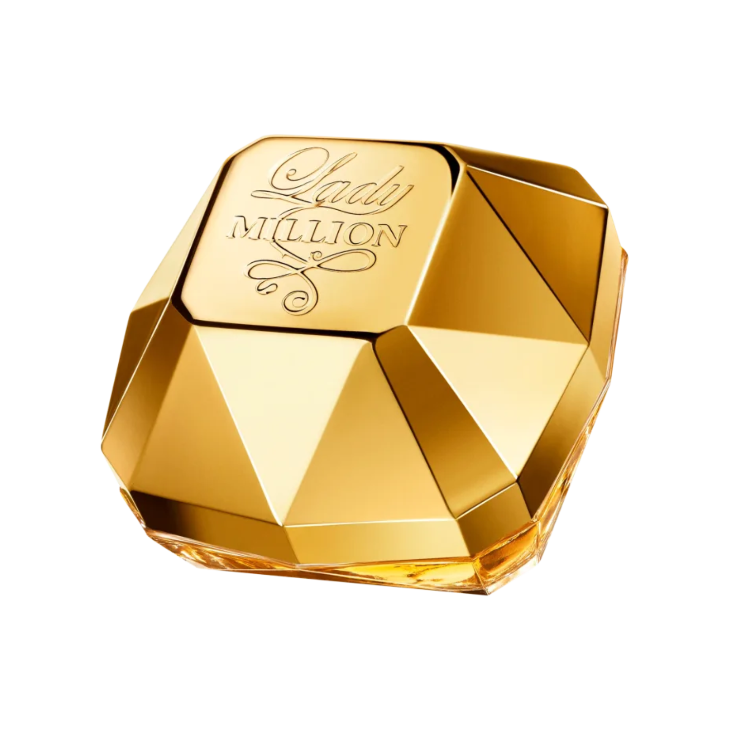 Frasco do perfume importado feminino Lady Million Rabanne Eau de Parfum com design de diamante dourado multifacetado, com o nome "Lady Million" gravado na parte superior, disponível na Velyre.