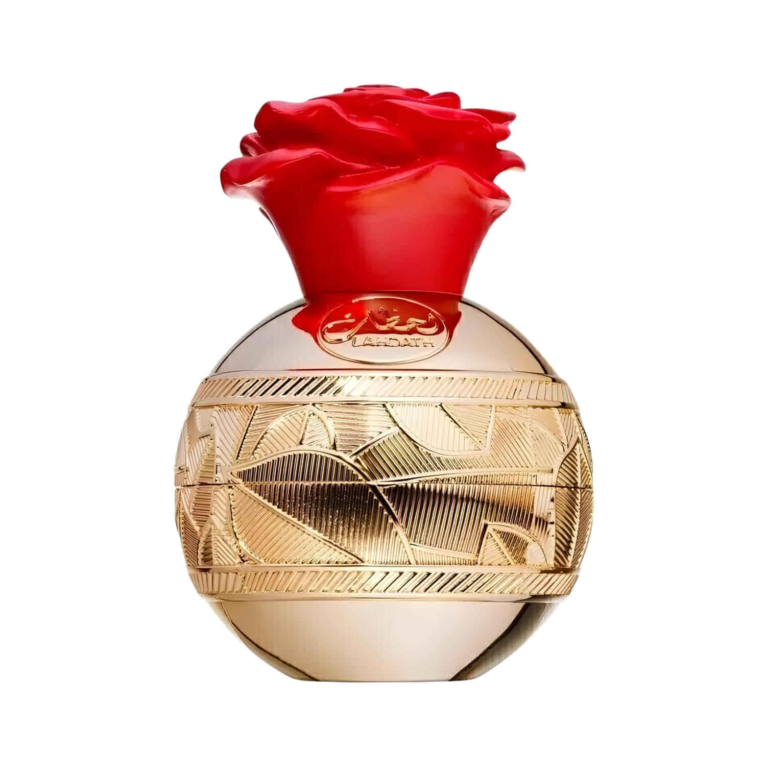 Frasco do perfume árabe Lahdath Lattafa Eau de Parfum, vendido na Velyre, esférico dourado texturizado com gravações em árabe e latim e tampa vermelha em formato de rosa estilizada.