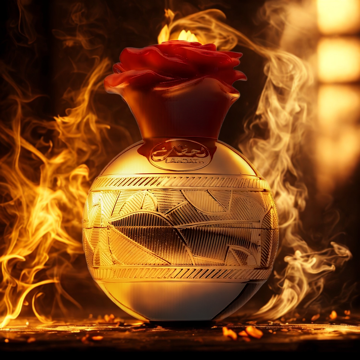 Perfume árabe Lahdath Lattafa, disponível na Velyre, sobre superfície escura com reflexos dourados e envolto em fumaça dourada, evocando opulência e mistério.