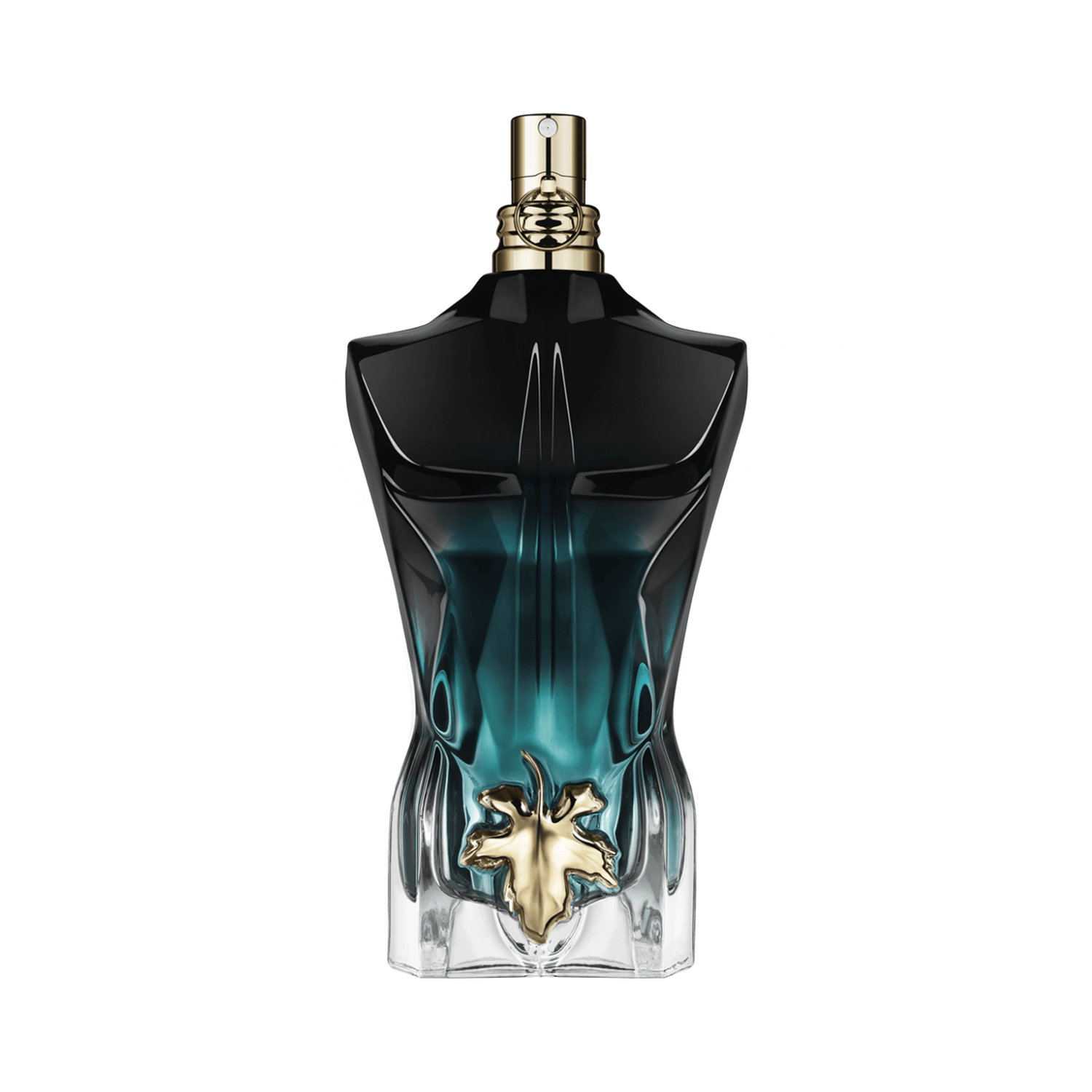 Frasco do perfume masculino Le Beau Le Parfum Jean Paul Gaultier Eau de Parfum Intense com design de torso masculino em vidro preto degradê para azul-turquesa, e uma folha de figueira dourada em relevo na parte inferior. A tampa é dourada com anéis texturizados.