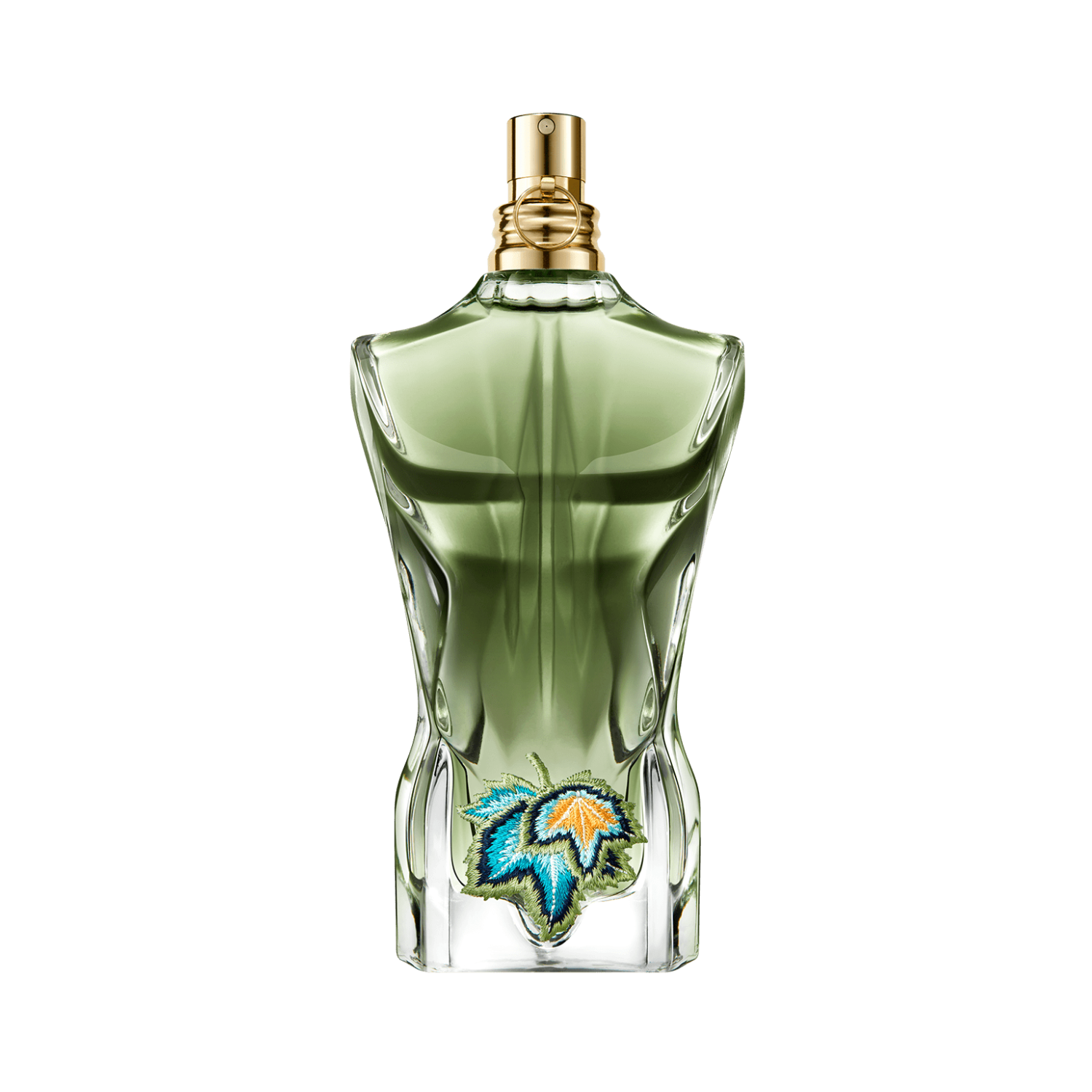 Frasco do perfume Le Beau Paradise Garden de Jean Paul Gaultier em fundo transparente. O frasco verde em formato de torso masculino traz um bordado de folhas tropicais coloridas na parte inferior, com vaporizador dourado.