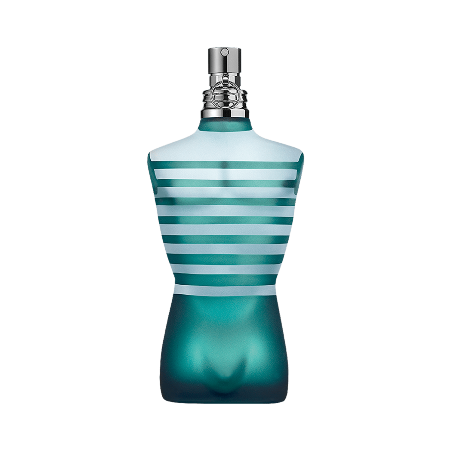 Frasco do perfume masculino Le Male Jean Paul Gaultier Eau de Toilette com design escultural de torso masculino listrado em tons de azul e branco, com detalhes metálicos prateados.