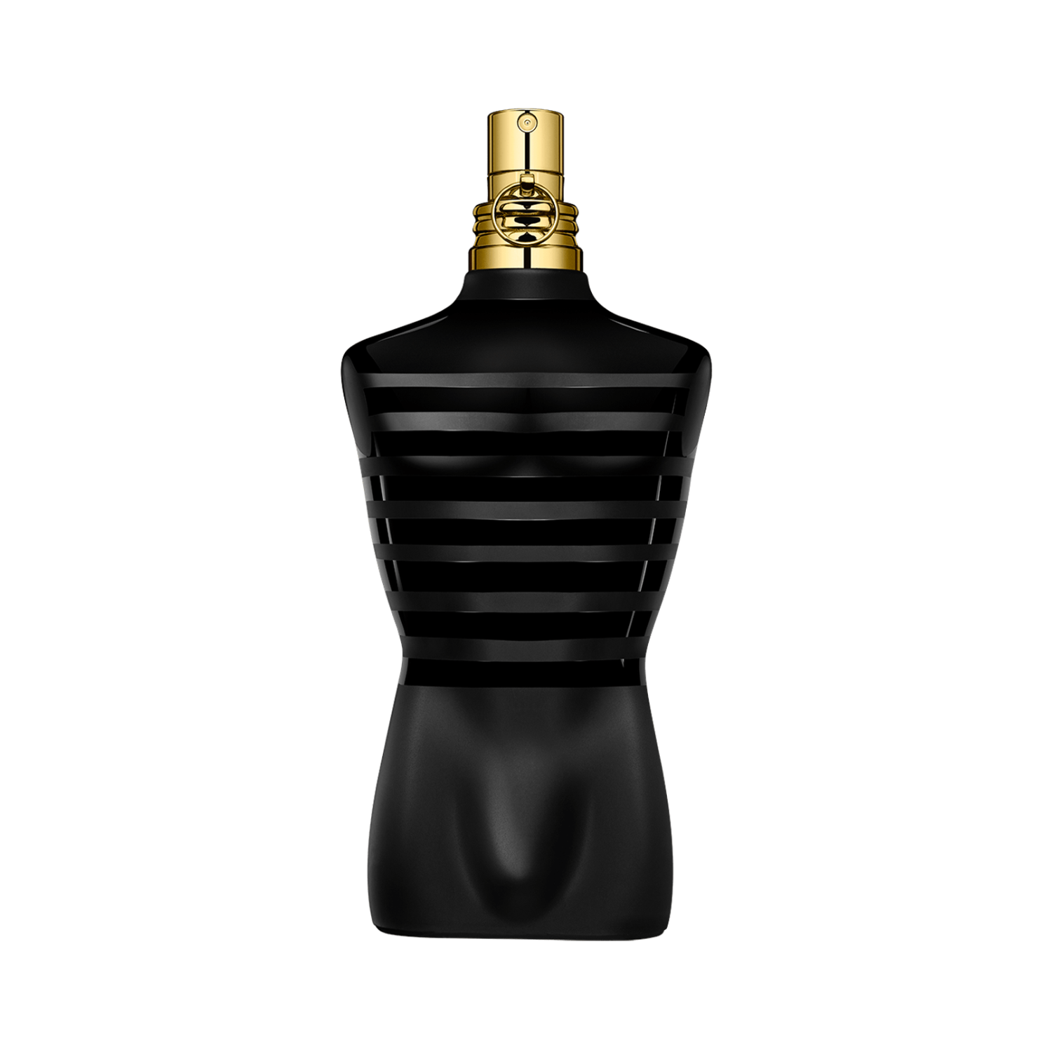 Frasco do perfume masculino Le Male Le Parfum Jean Paul Gaultier Eau de Parfum Intense com design icônico de torso masculino em vidro preto com listras horizontais foscas. A tampa é dourada e removível, simulando uma gola de marinheiro com detalhes texturizados.