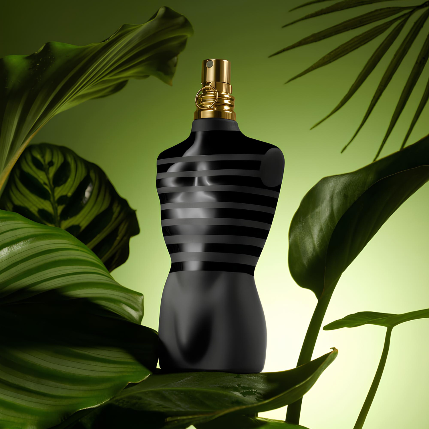 Perfume Le Male Le Parfum Jean Paul Gaultier posicionado entre grandes folhas verdes tropicais, com um fundo verde claro, sugerindo notas frescas e exóticas na fragrância.