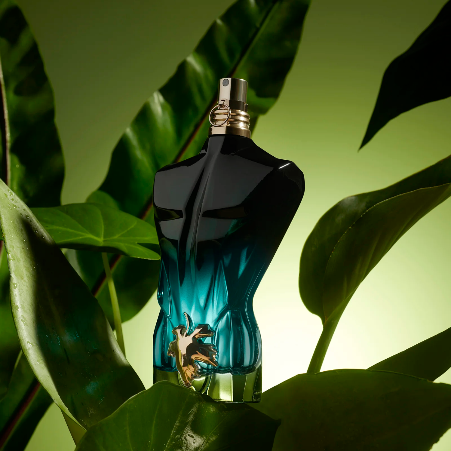 Perfume masculino Le Beau Le Parfum Jean Paul Gaultier em destaque em meio a grandes folhas verdes vibrantes, evocando uma fragrância tropical e fresca.
