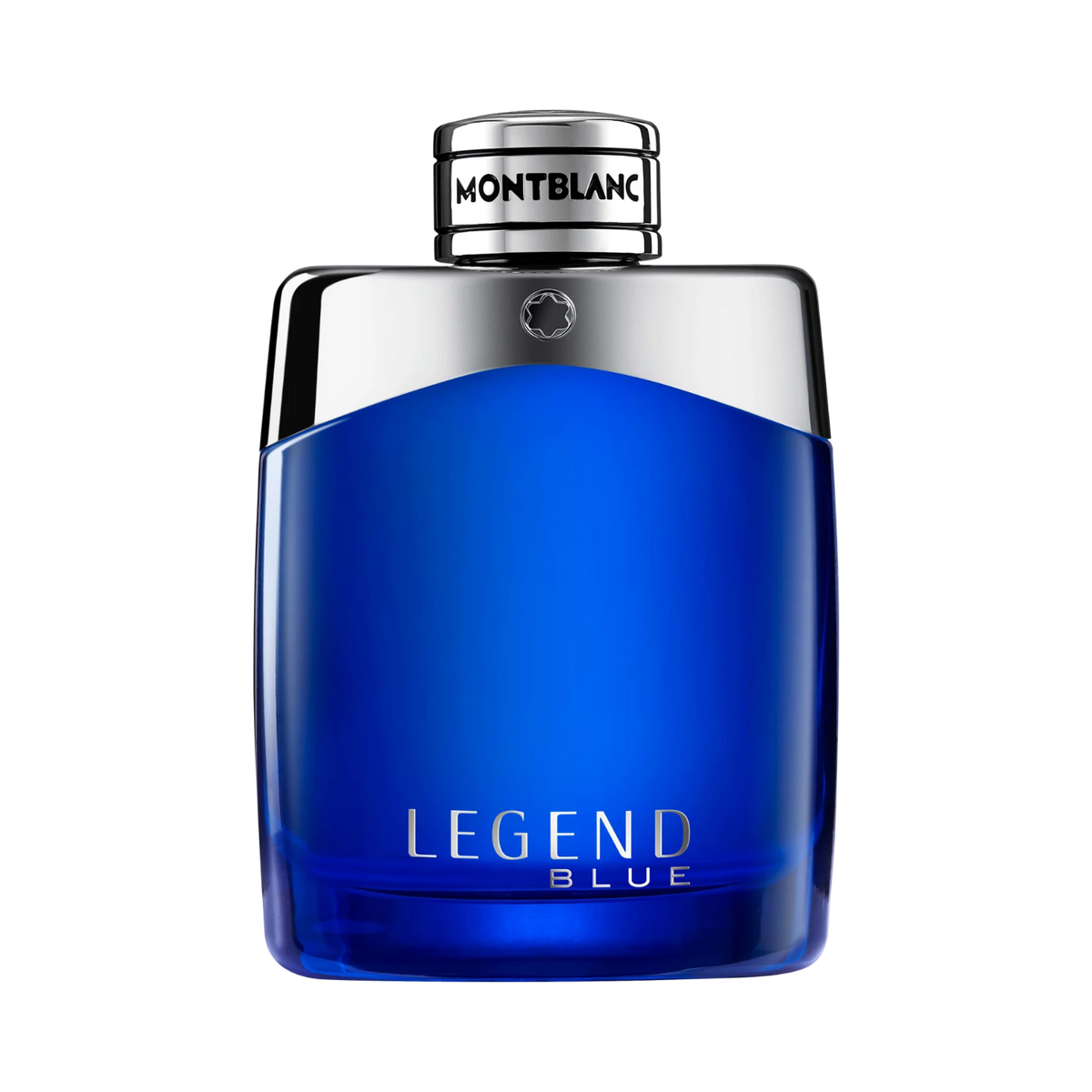 Frasco do perfume masculino Legend Blue Montblanc Eau de Parfum 100ml com design retangular robusto, vidro azul intenso degradê para transparente, e uma tampa prateada com a estrela Montblanc em relevo no centro. A parte superior do frasco é em metal prateado com a inscrição "MONTBLANC".