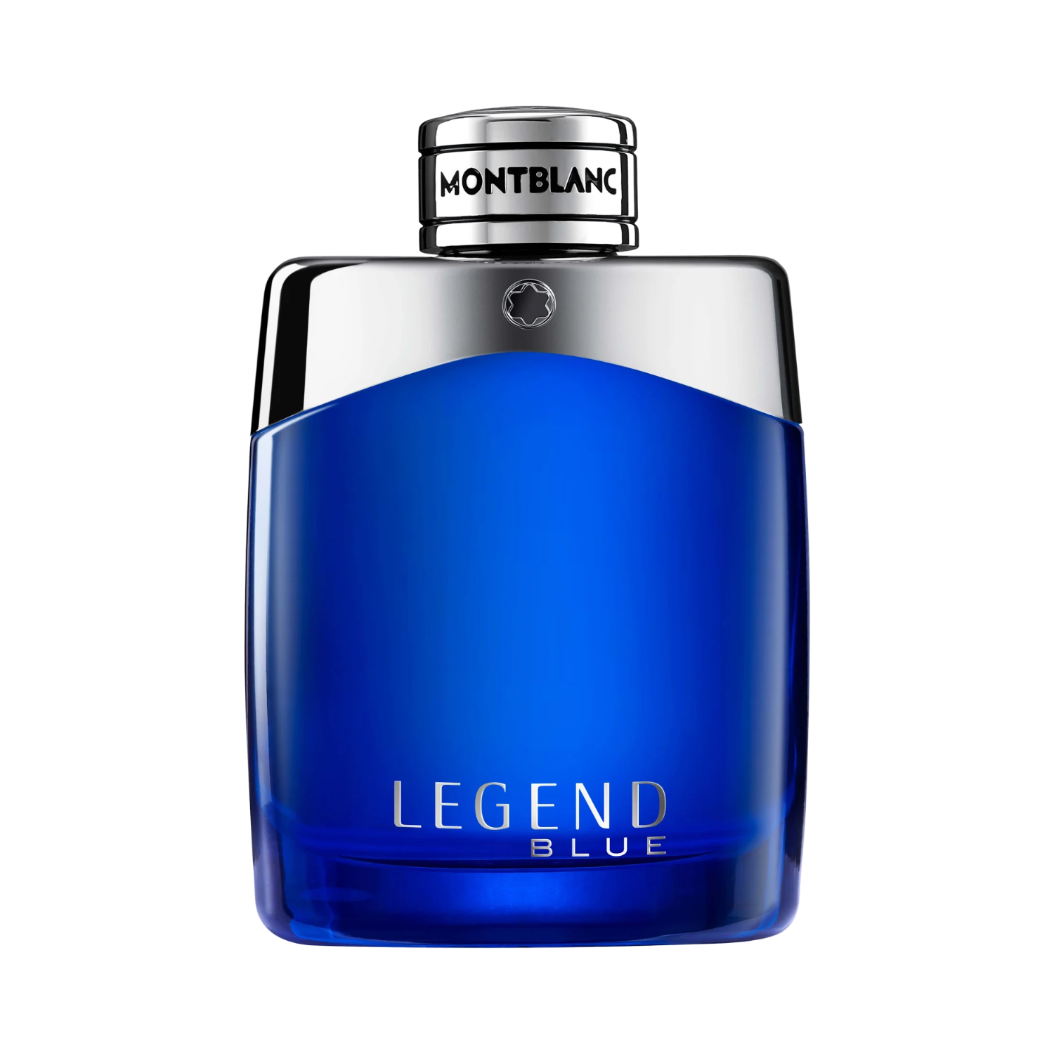 Frasco do perfume masculino Legend Blue Montblanc Eau de Parfum 100ml com design retangular robusto, vidro azul intenso degradê para transparente, e uma tampa prateada com a estrela Montblanc em relevo no centro. A parte superior do frasco é em metal prateado com a inscrição "MONTBLANC".