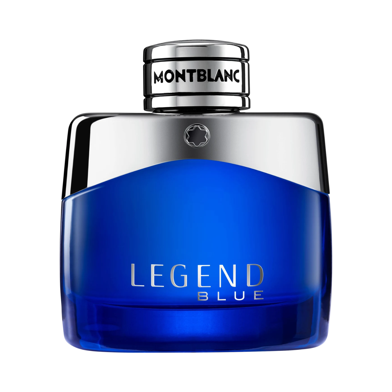 Frasco do perfume masculino Legend Blue Montblanc Eau de Parfum 50ml com design retangular em vidro azul intenso com o nome "LEGEND BLUE" em destaque. A tampa é em metal prateado com a estrela Montblanc no centro.