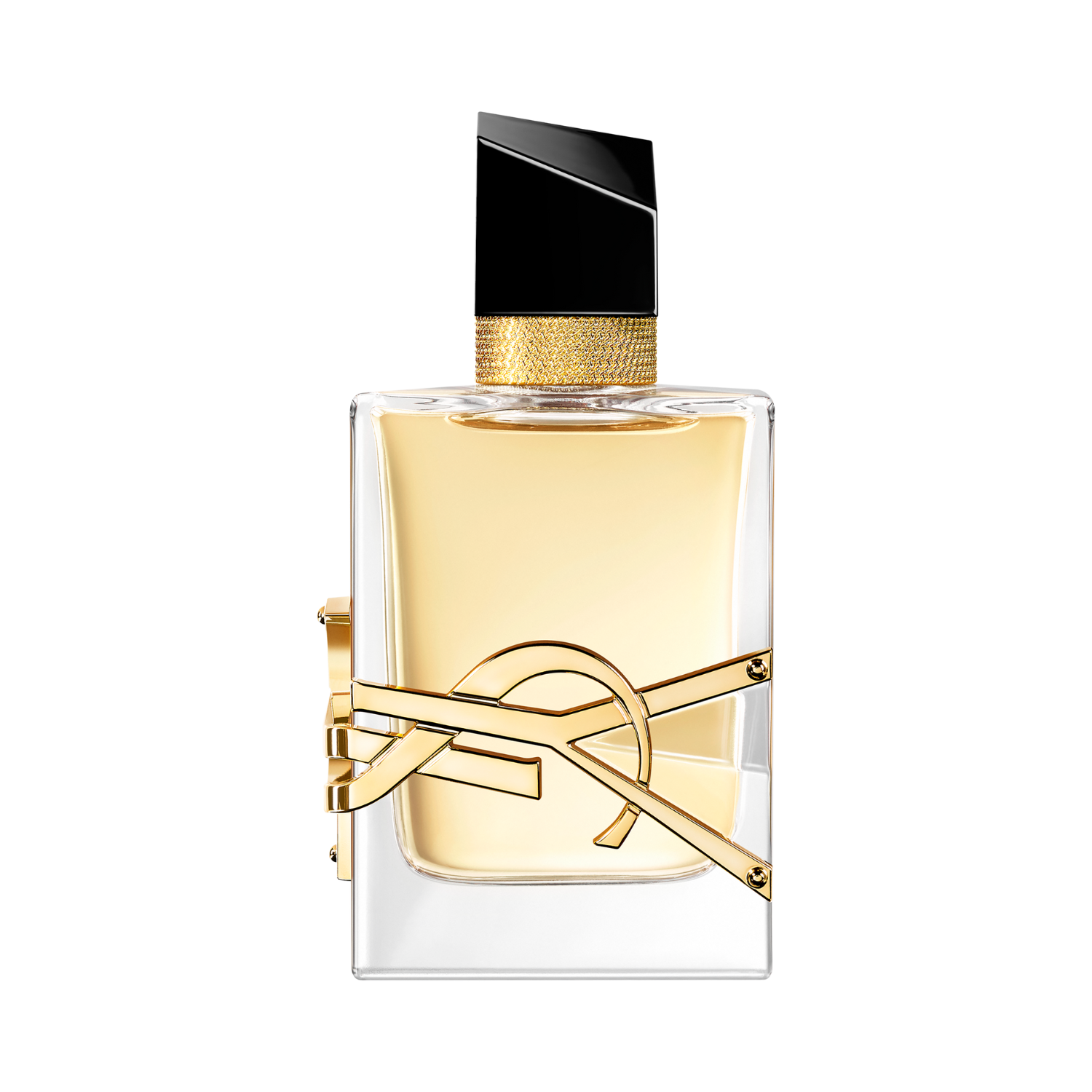 Frasco do perfume Yves Saint Laurent Libre 50ml em fundo transparente, com líquido dourado e detalhe metálico dourado em forma do logo YSL envolvido no vidro.