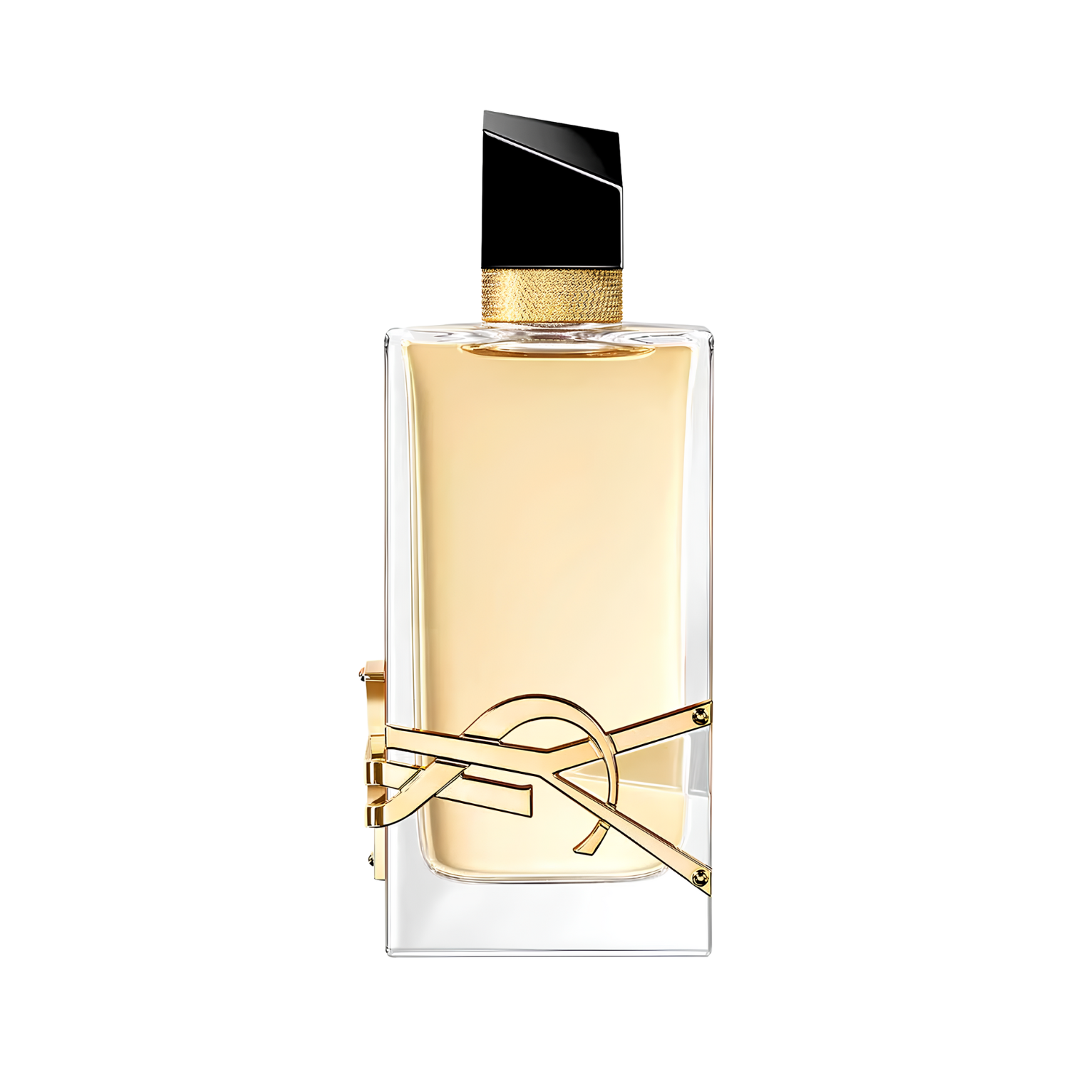 Frasco do perfume Yves Saint Laurent Libre 90ml em fundo transparente, com líquido dourado e detalhe metálico dourado em forma do logo YSL envolvido no vidro.