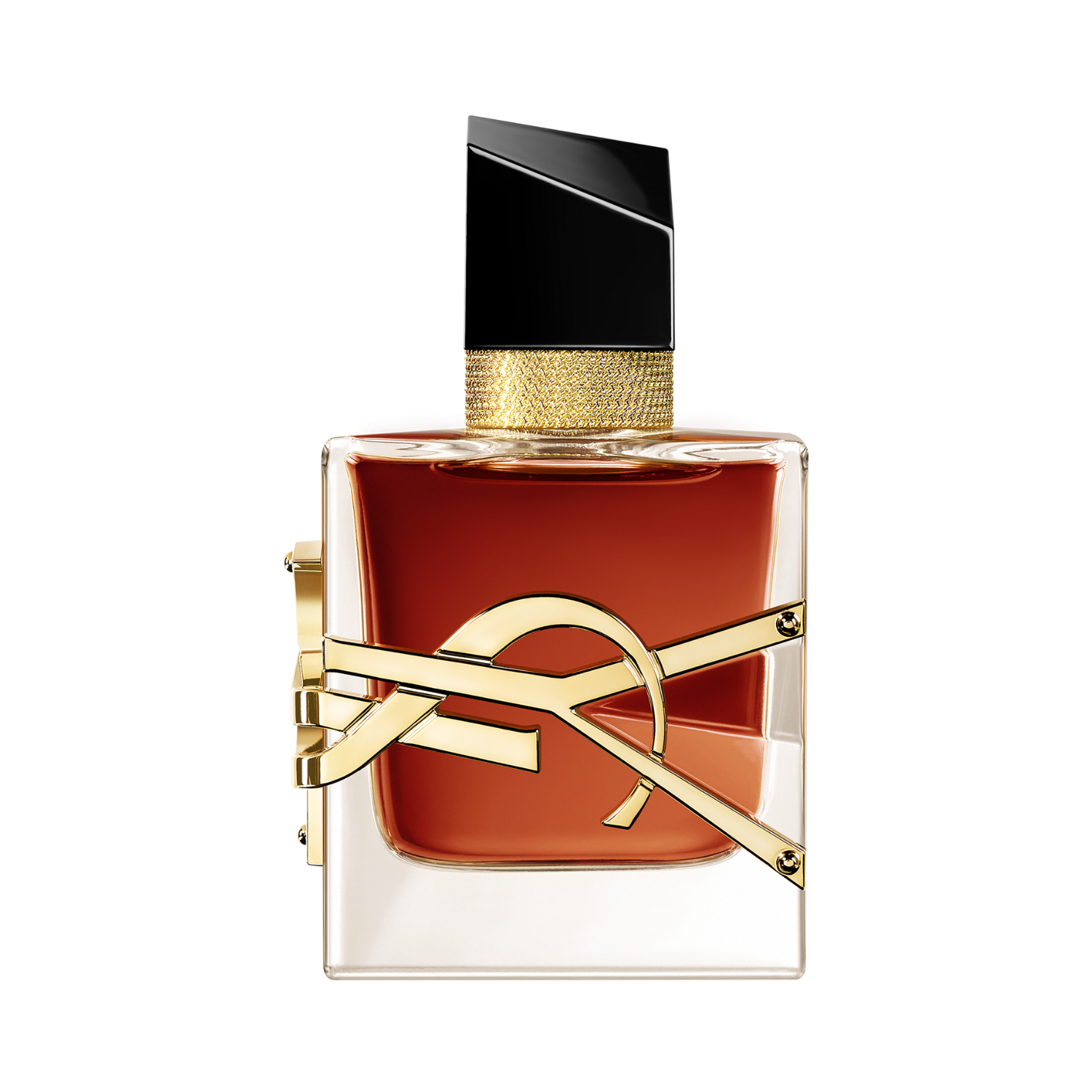 Frasco do perfume feminino Libre Saint Laurent Le Parfum 30ml com design retangular em vidro transparente e líquido âmbar escuro. Possui um grande logo "YSL" dourado e curvado que envolve o frasco, um detalhe dourado texturizado no gargalo e uma tampa preta assimétrica.