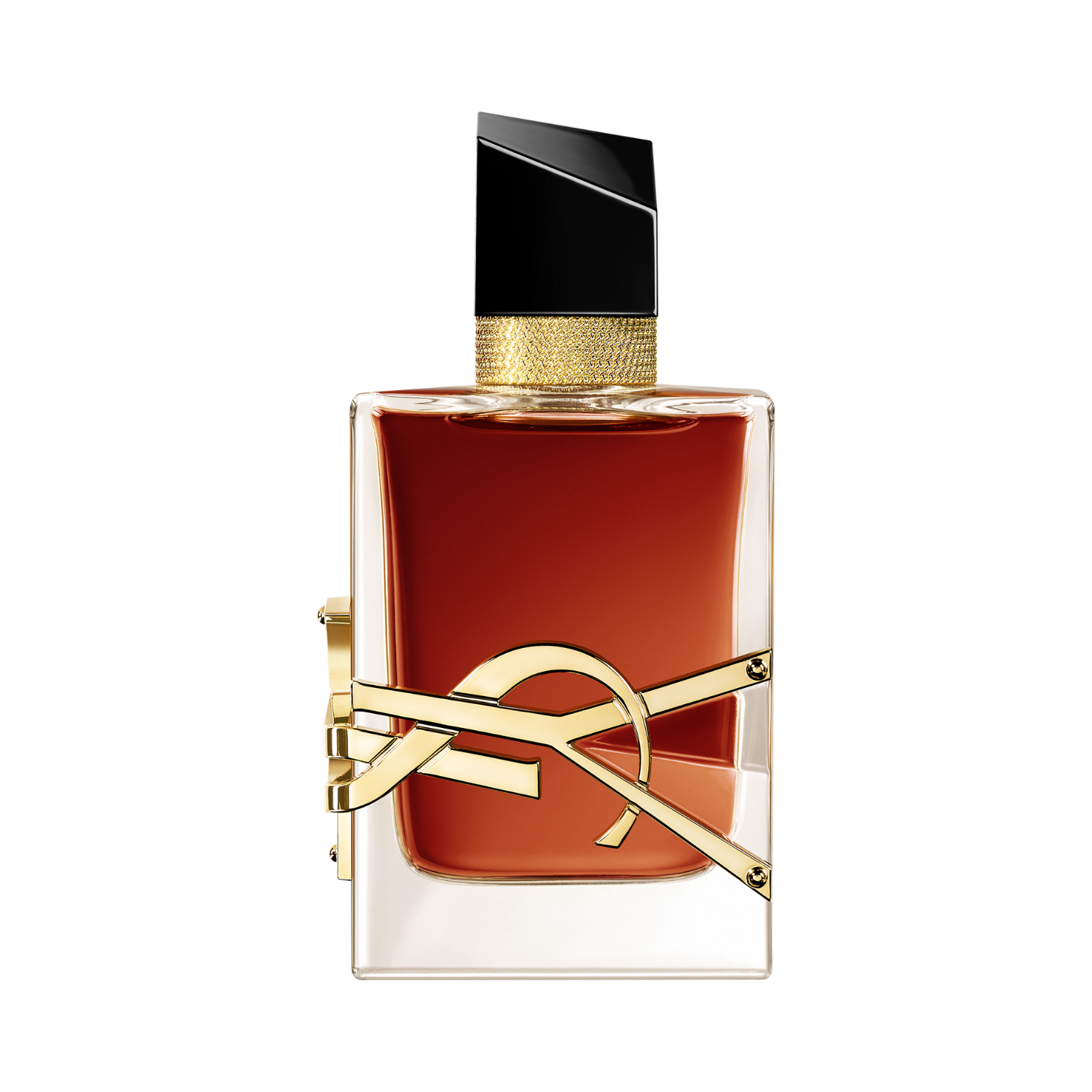Frasco do perfume feminino Libre Saint Laurent Le Parfum 50ml com design retangular em vidro transparente e líquido âmbar escuro. Possui um grande logo "YSL" dourado e curvado que envolve o frasco, um detalhe dourado texturizado no gargalo e uma tampa preta assimétrica.