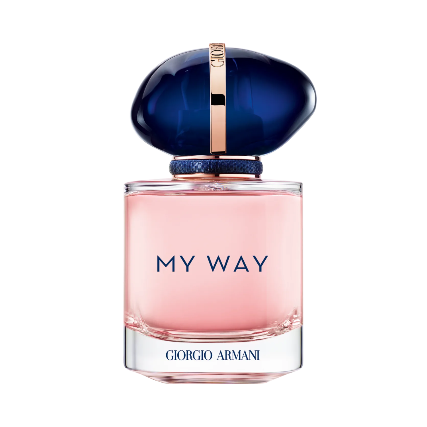 Frasco do perfume feminino My Way Giorgio Armani Eau de Parfum 30ml com design retangular em vidro transparente e líquido rosa claro. Possui uma tampa arredondada em azul escuro brilhante com um anel dourado e a inscrição "GIORGIO ARMANI". O nome "MY WAY" em azul está centralizado no frasco, e a base também apresenta o nome da marca.