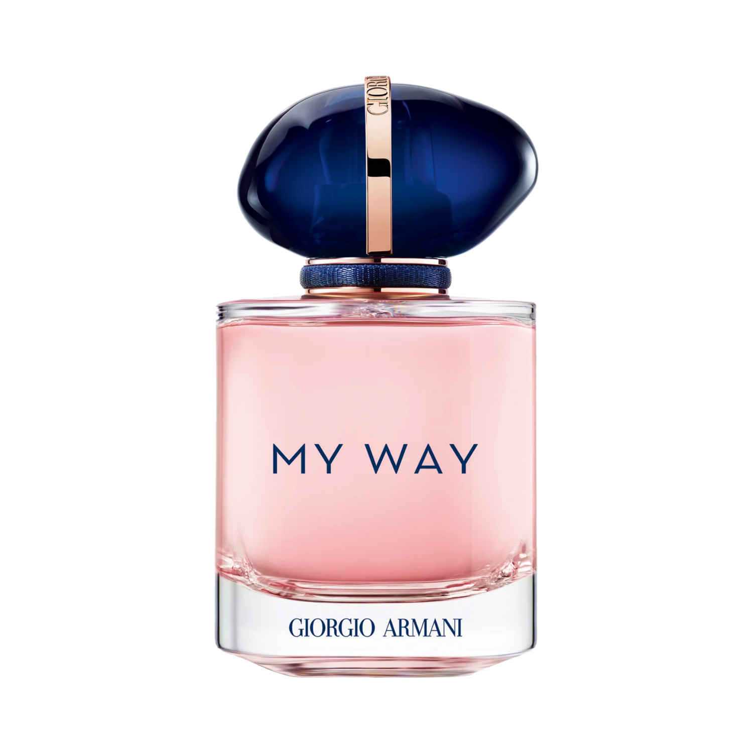 Frasco do perfume feminino My Way Giorgio Armani Eau de Parfum 50ml com design retangular em vidro transparente e líquido rosa claro. Possui uma tampa arredondada em azul escuro brilhante com um anel dourado e a inscrição "GIORGIO ARMANI". O nome "MY WAY" em azul está centralizado no frasco, e a base também apresenta o nome da marca.